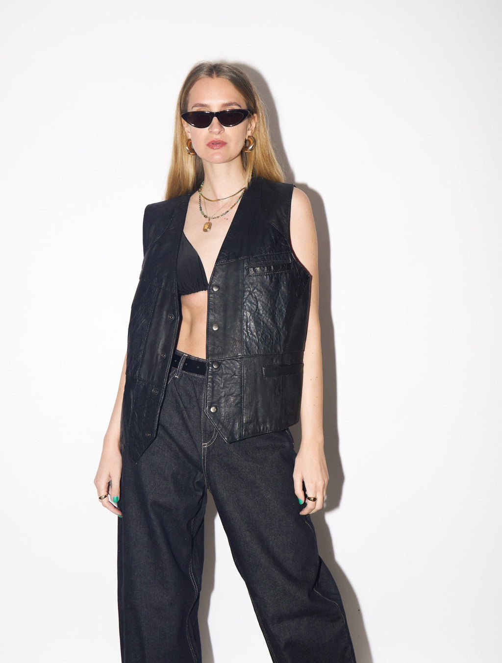 VINTAGE Black Leather Vest from 1980s | Oversized Biker Waistcoat w/Snap Buttons