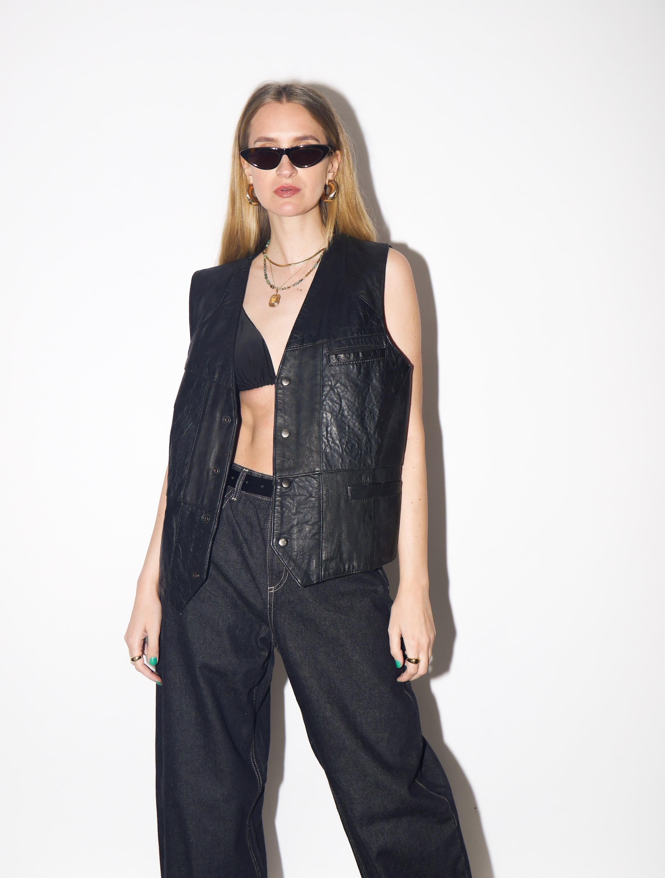 VINTAGE Black Leather Vest from 1980s | Oversized Biker Waistcoat w/Snap Buttons