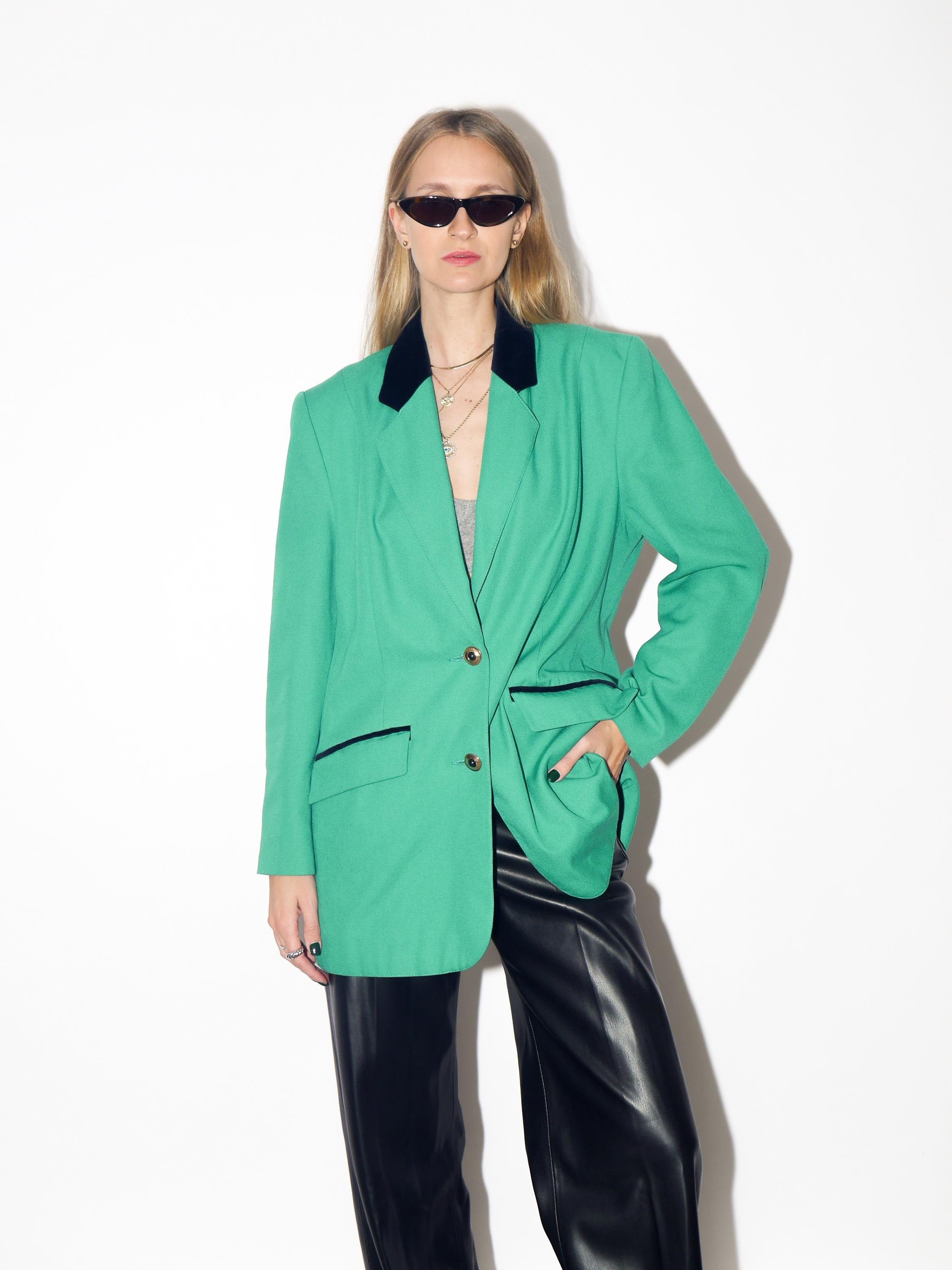 VINTAGE Green Oversized Blazer With Black Velvet Collar And Gold Buttons From The 1980s