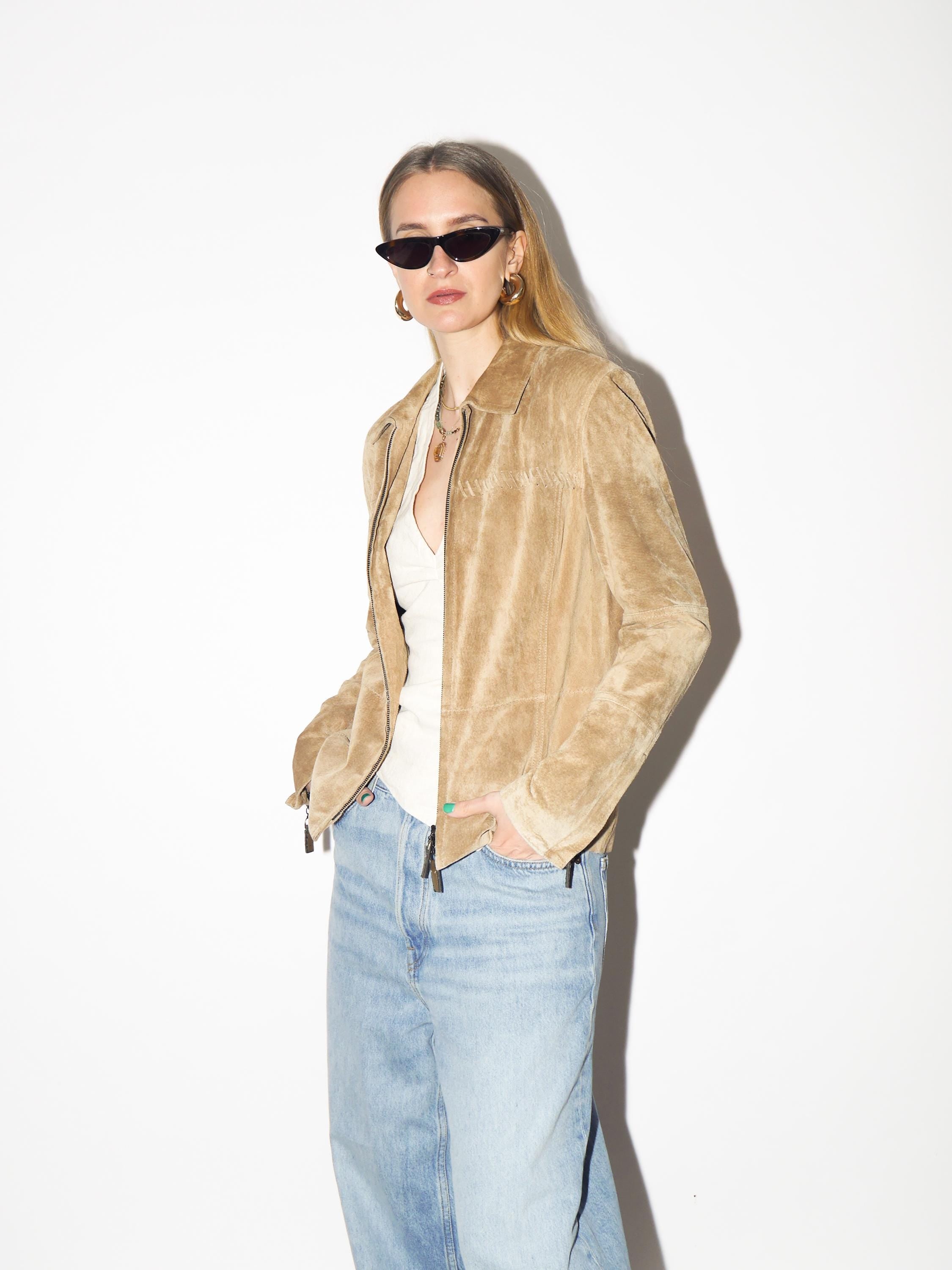 VINTAGE Beige Suede Jacket from 1980s | Betty Barkley Double Zip Leather Jacket