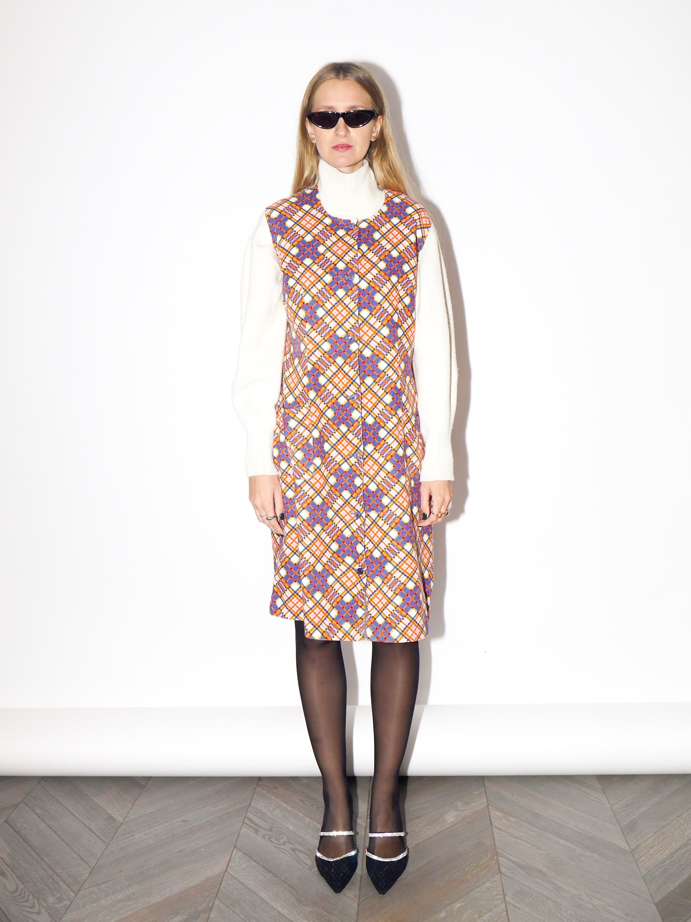 VINTAGE Orange And Beige Checked Cotton Sleeveless Dress From The 1980s By Miloty