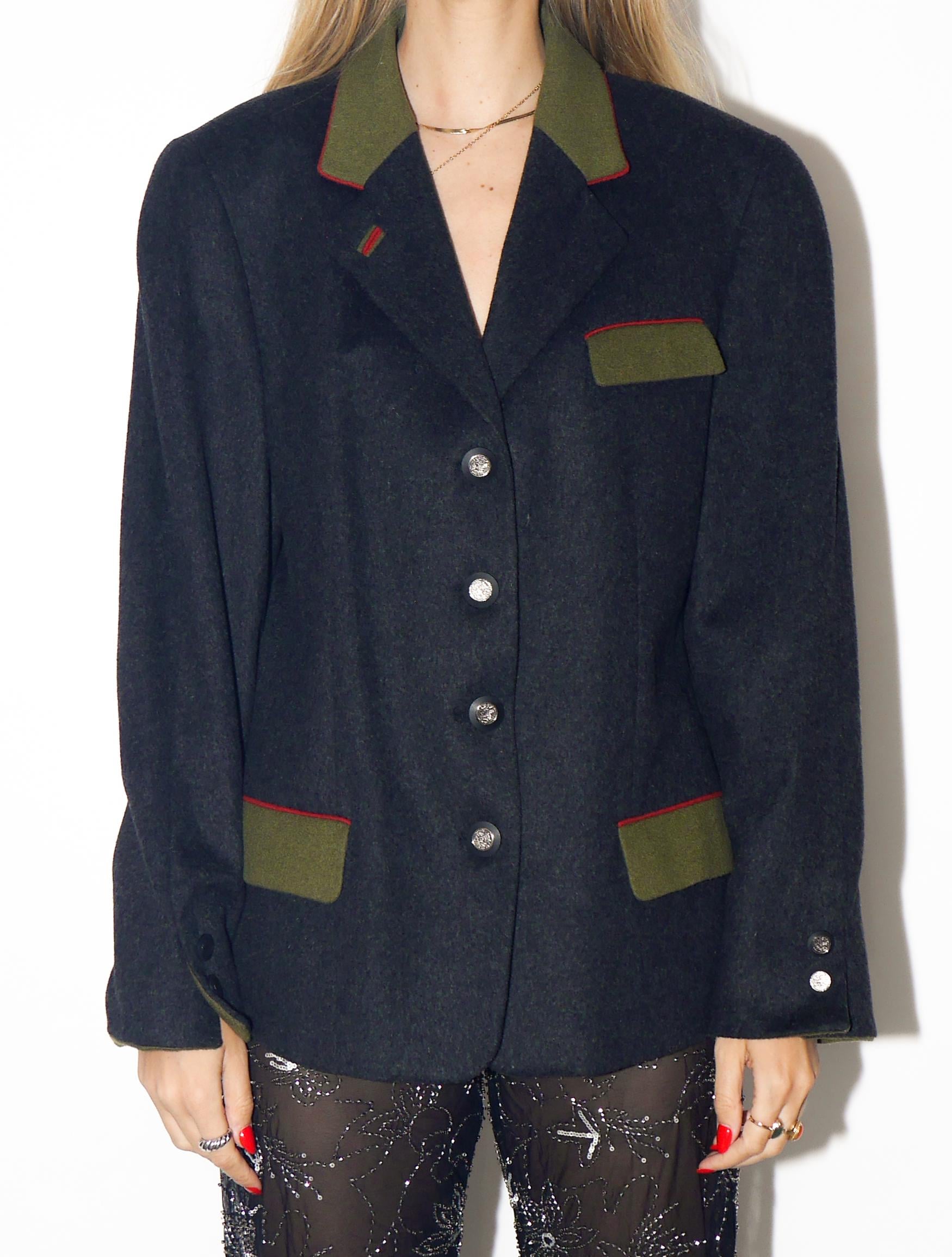 VINTAGE Graphite Grey Austrian Wool Cashmere Blazer With Color Trim From The 1980s