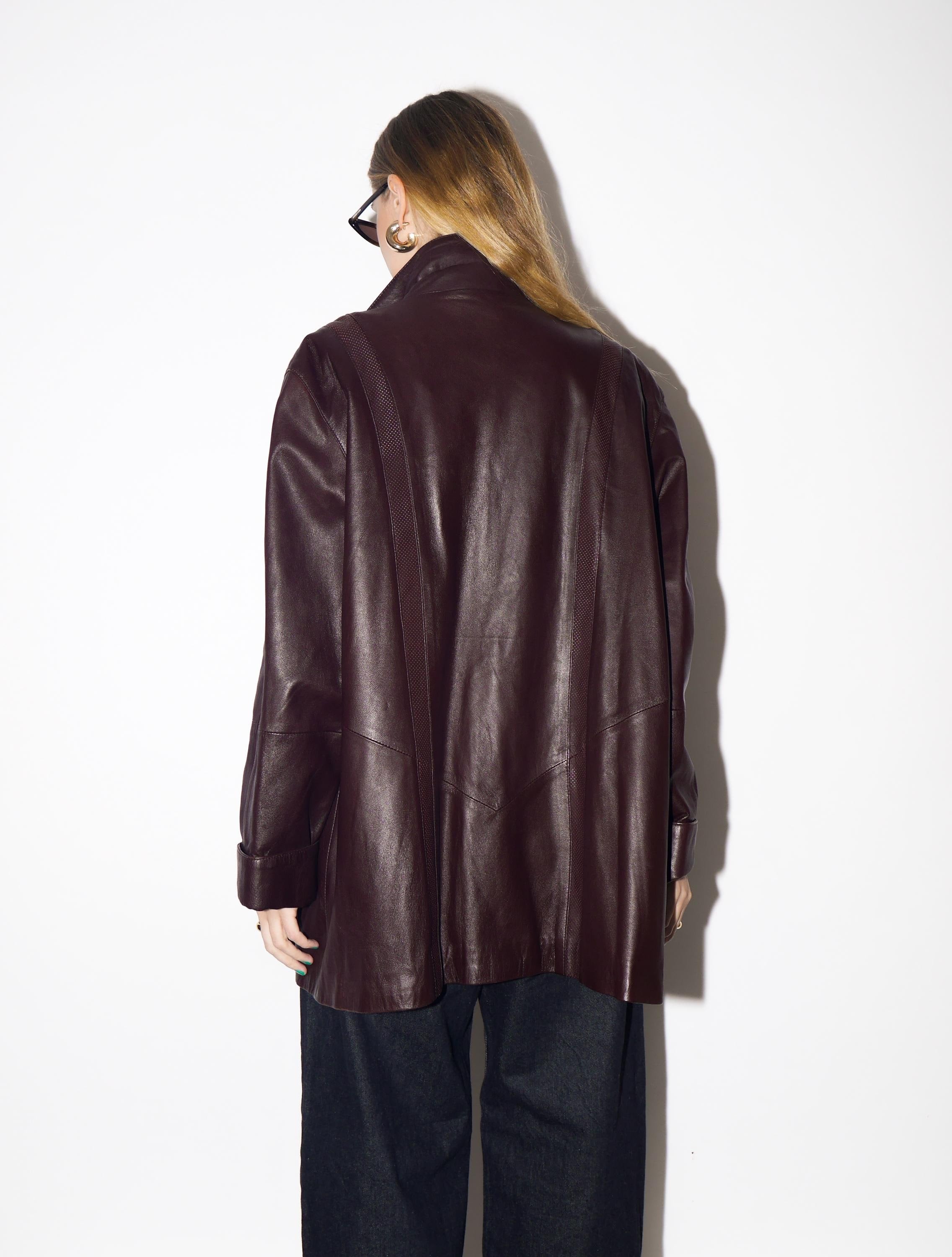 VINTAGE Burgundy Leather Jacket from 1990s | Dark Red Oversize Leather Jacket