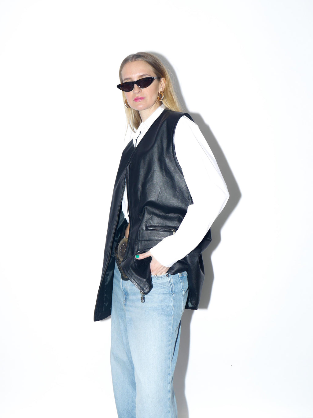VINTAGE black leather vest from the 1990s | oversize black leather waistcoat
