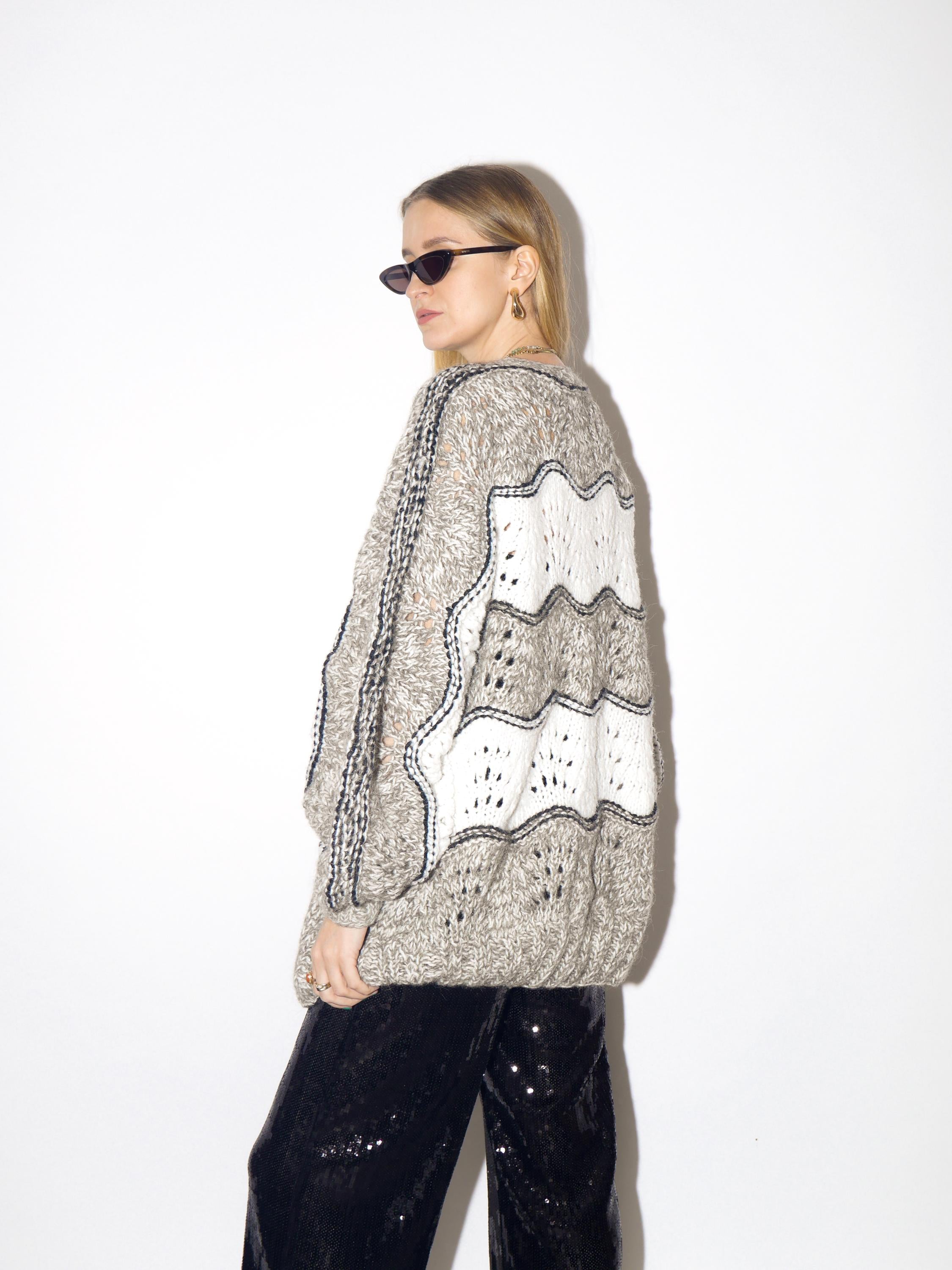VINTAGE wool handmade sweater from 1980s | handmade white and grey long cardigan