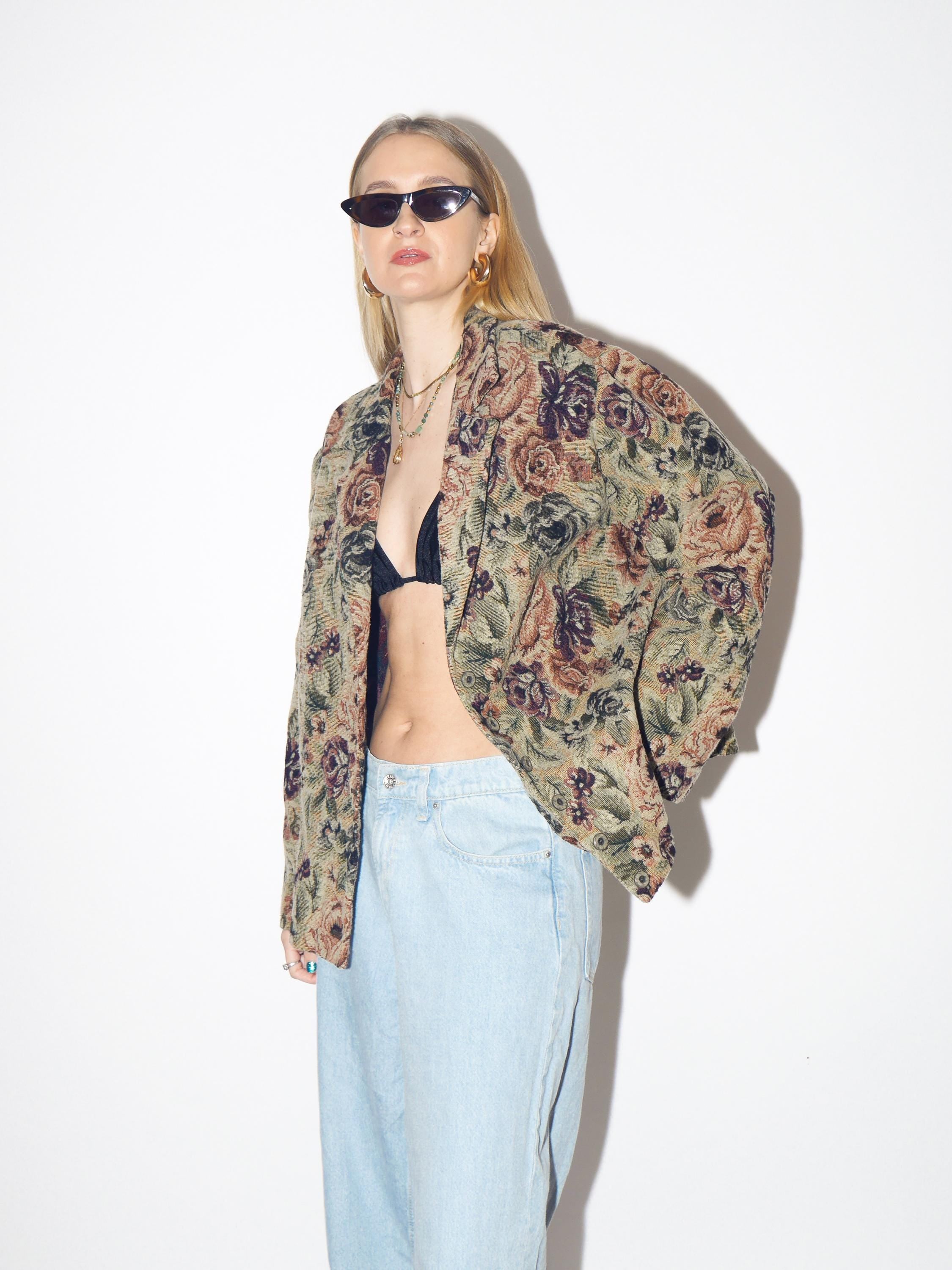 VINTAGE floral jacquard blazer from 1980s made of beige and pink cotton and wool