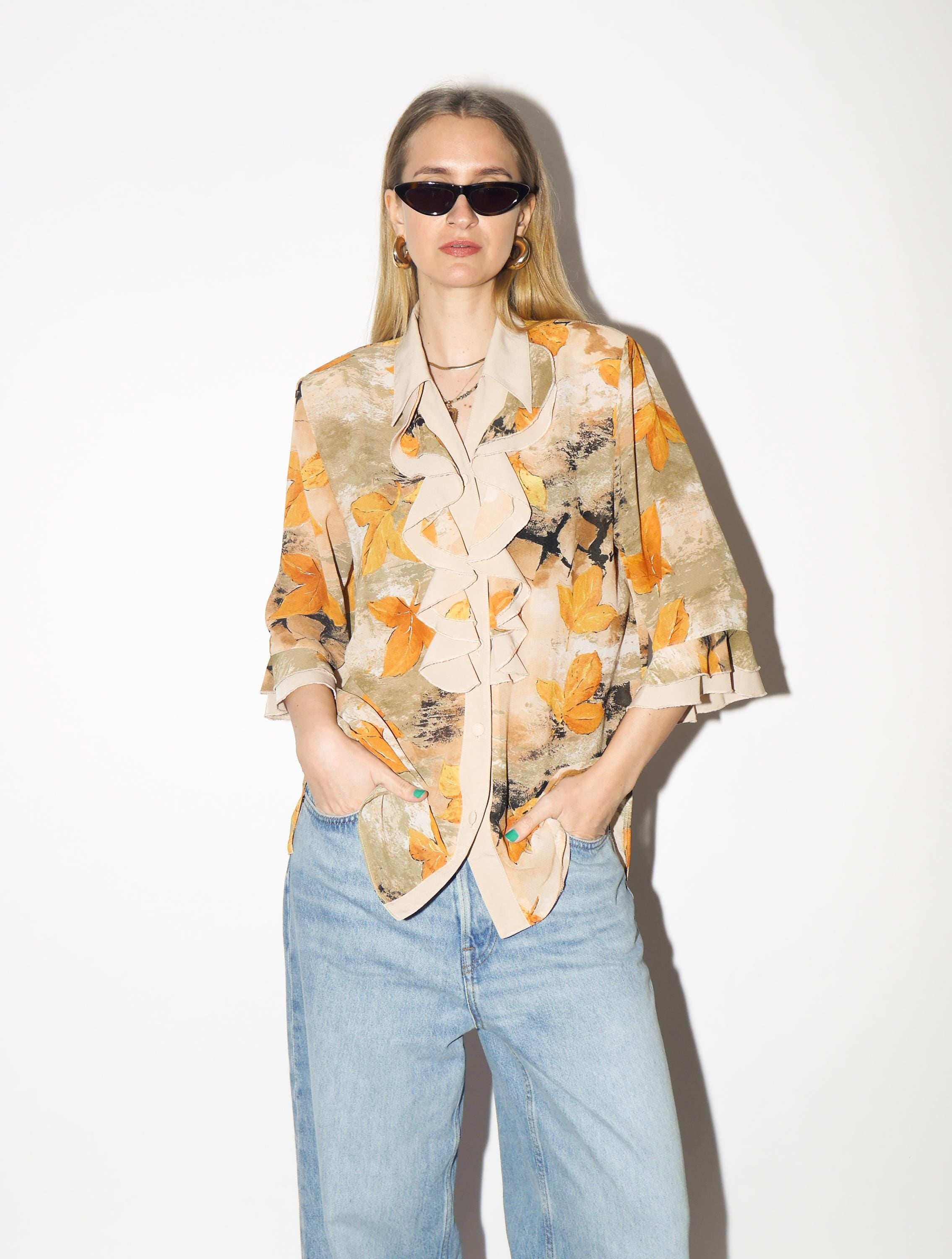 VINTAGE Beige & Yellow Leaf Print Blouse from 1980s | Retro Jabot Shirt by Izabel®