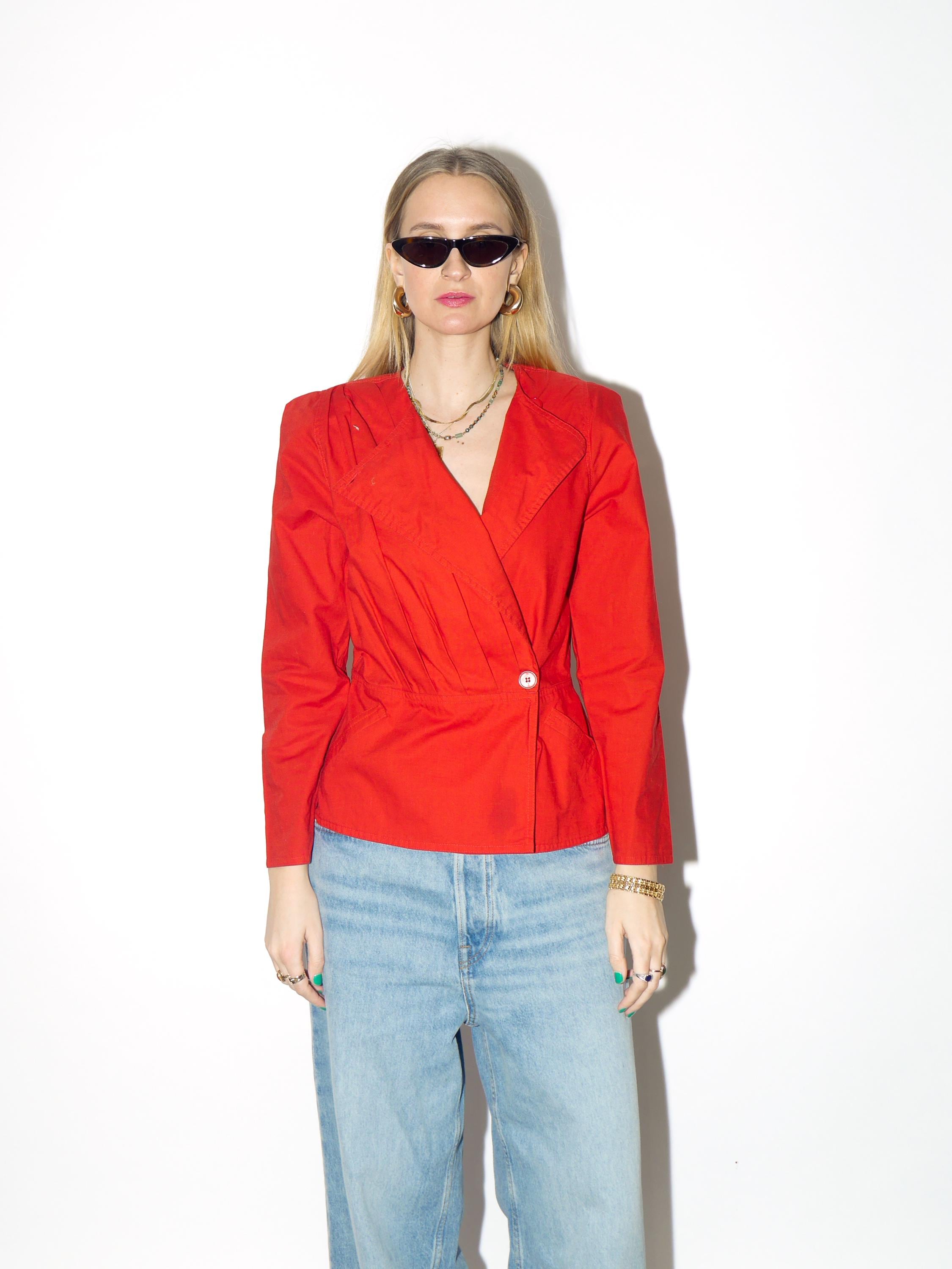 VINTAGE Cotton red blouse from 1980s with shoulder pads and peplum