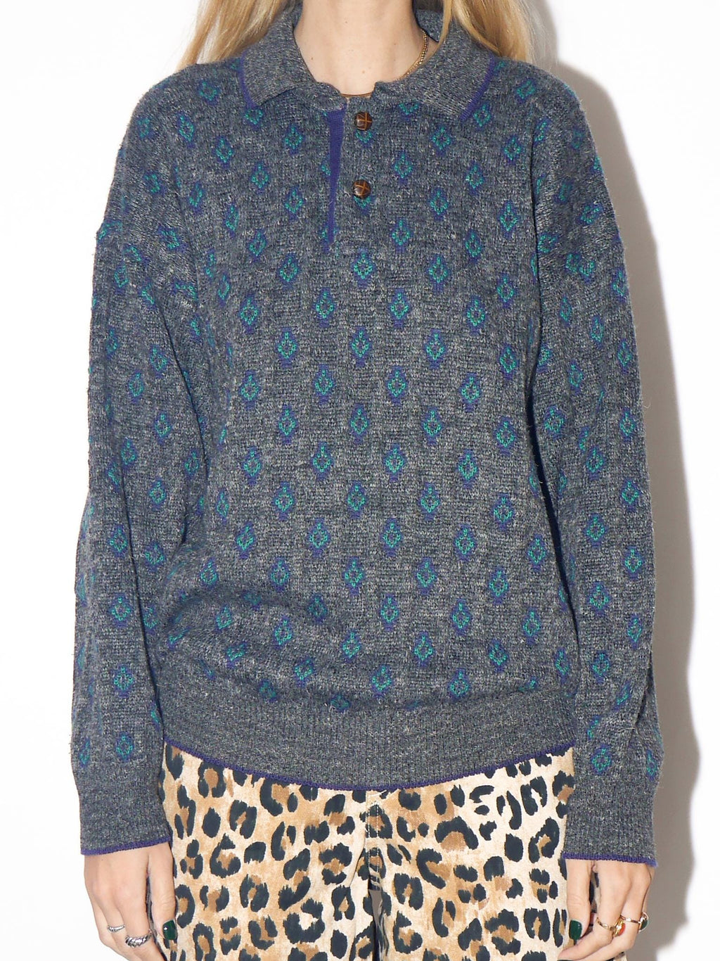 VINTAGE Gray And Purple Patterned Polo Sweater From The 1980s By Belika