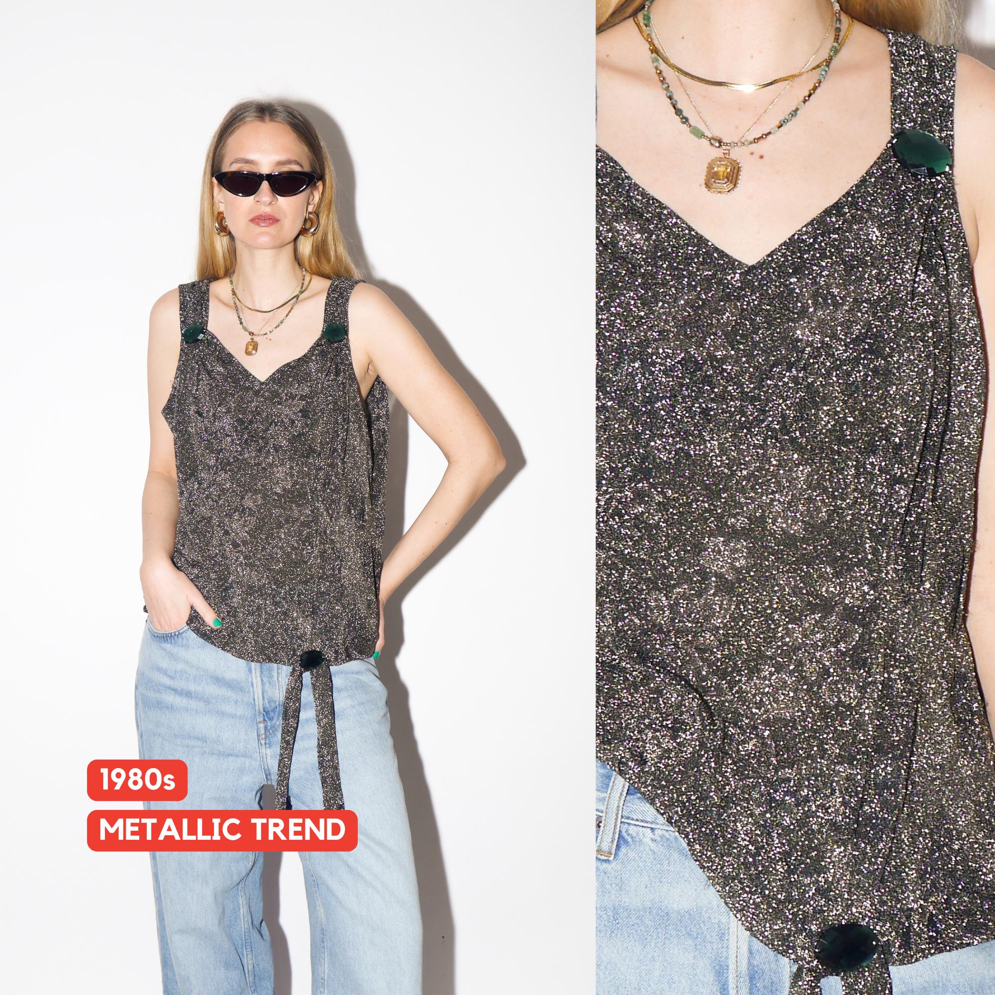 VINTAGE Metallic Glittery Sleeveless Top from 1980s | Retro Gold Silver Blouse
