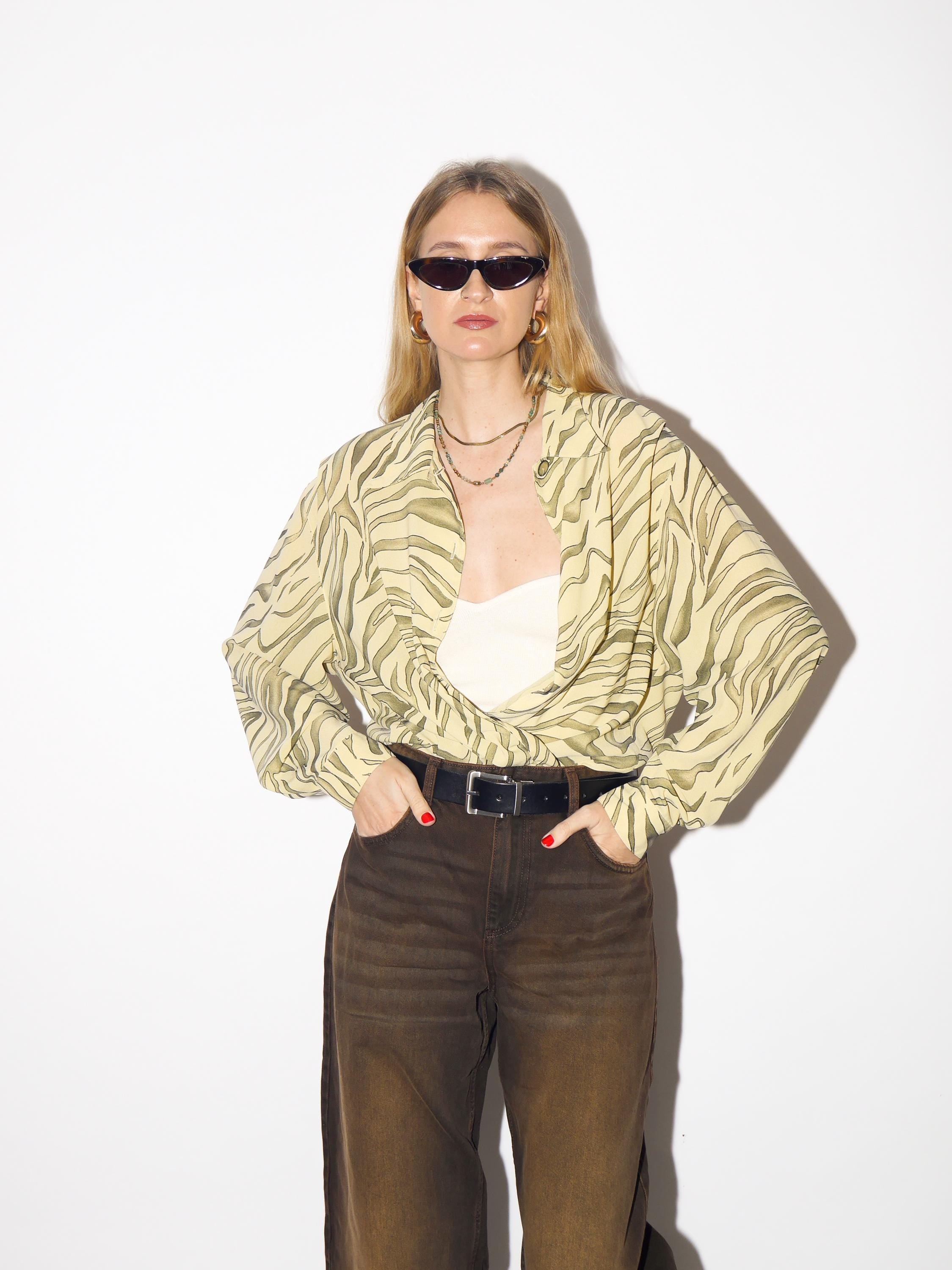 VINTAGE zebra shirt in yellow and green animal print from 1980s by Seidel Moden®