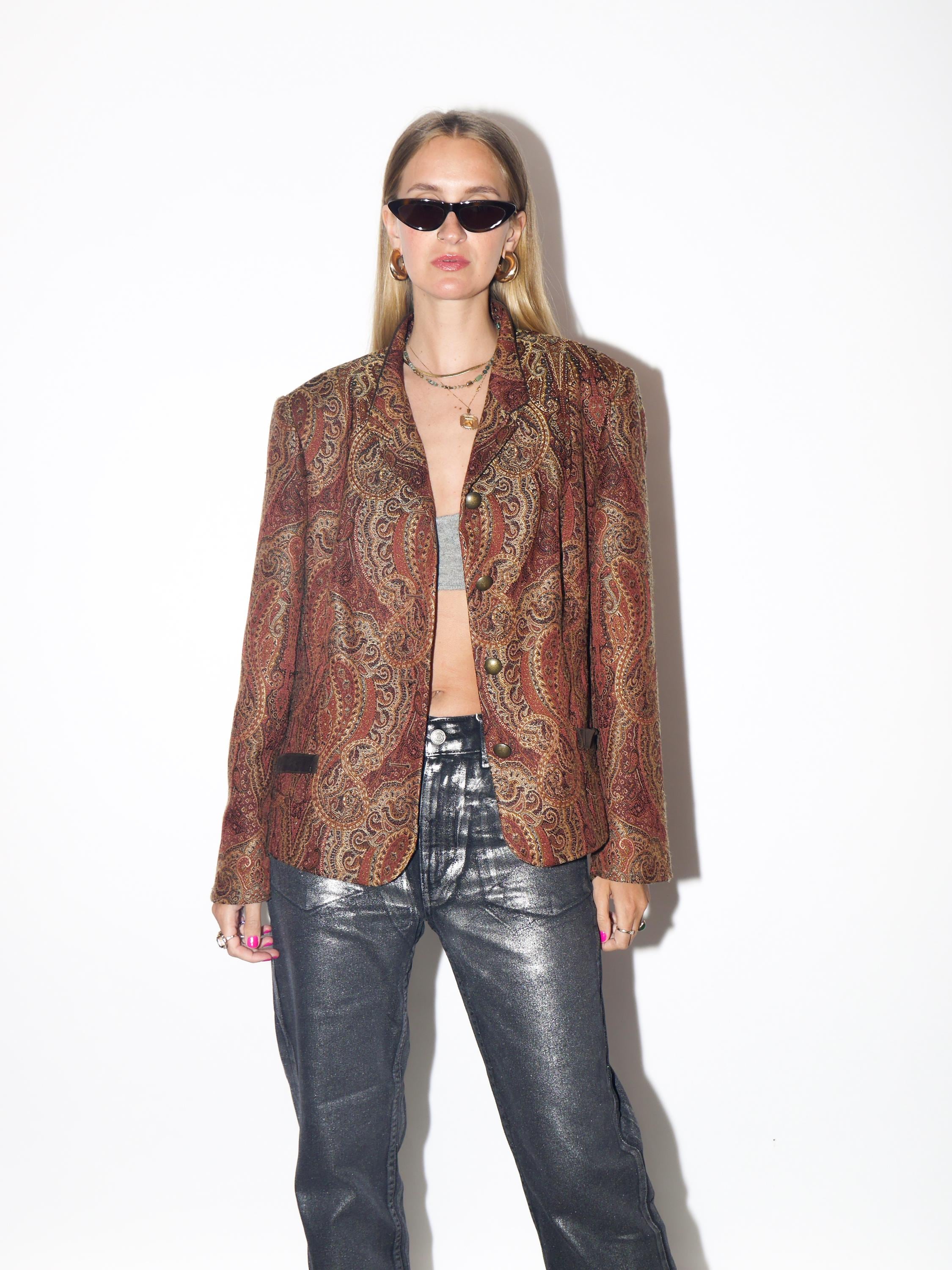 VINTAGE Viscose Bronze Brown Burgundy Oversized Jacquard Blazer With Velvet Collar And Metal Buttons From The 1980s