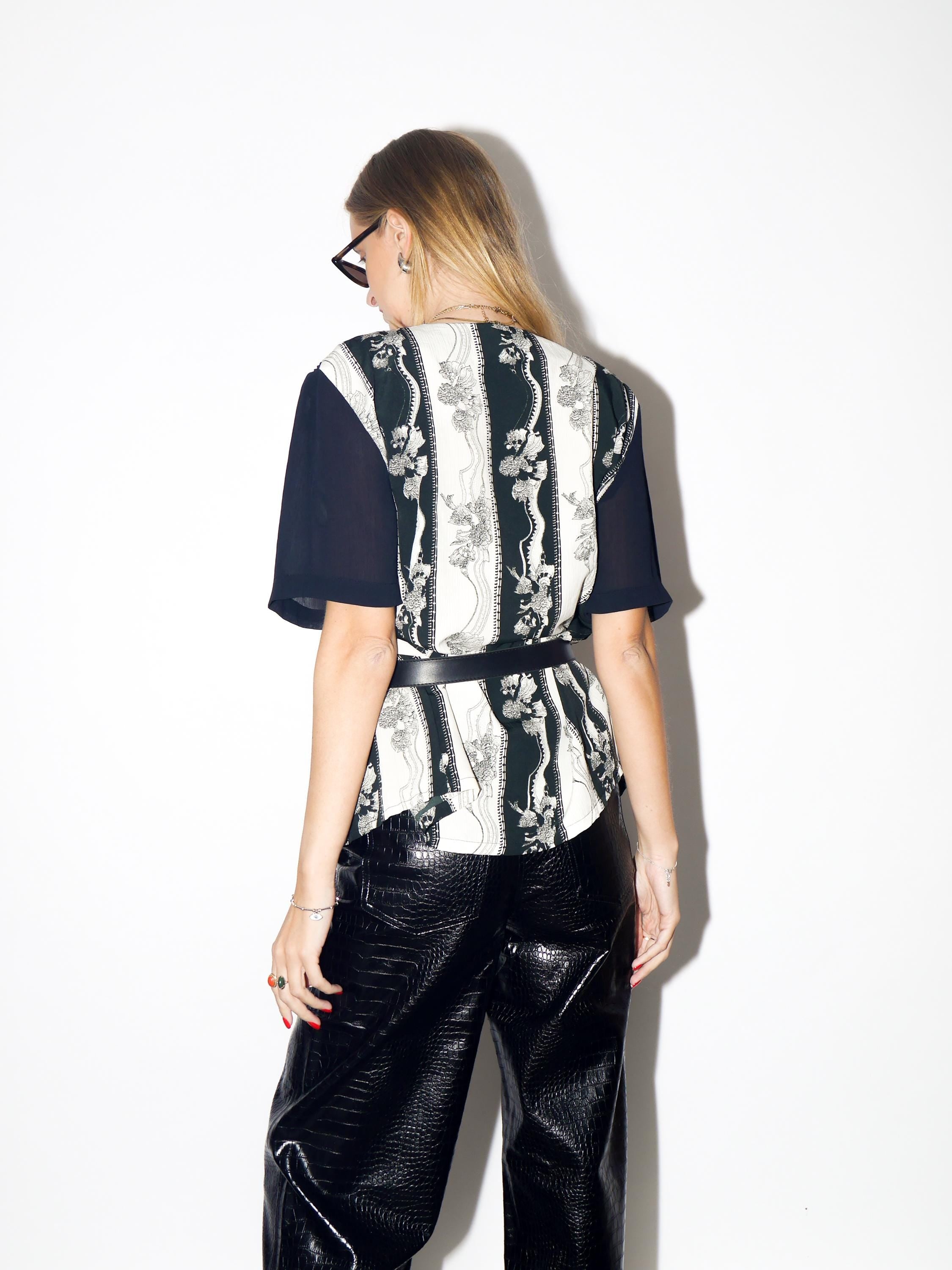 VINTAGE Black And White Pleated Floral Blouse From The 1980s By Options Fashion
