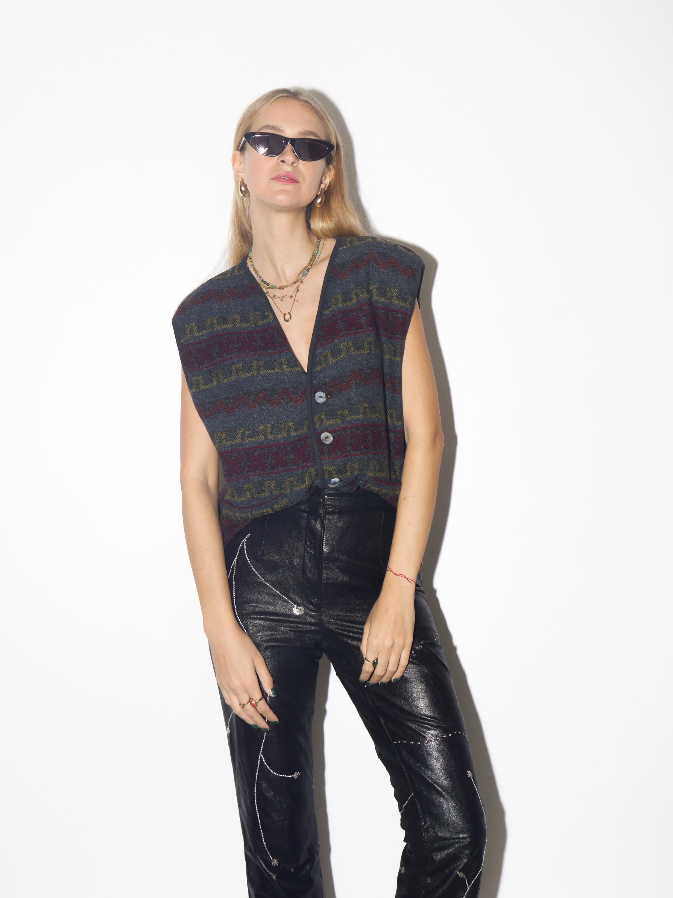 VINTAGE wool grey vest from 1980s in red & yellow | vintage oversize waistcoat