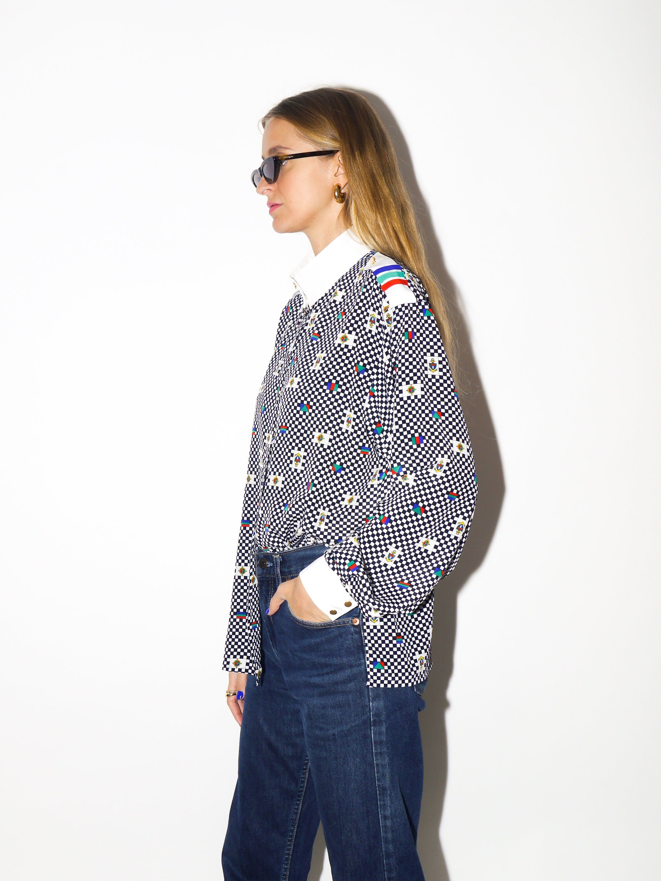 VINTAGE shirt 1980s | Yarell marine shirt | chequered shirt | soft fabric | stand-up collar shirt | white and black checkered pattern
