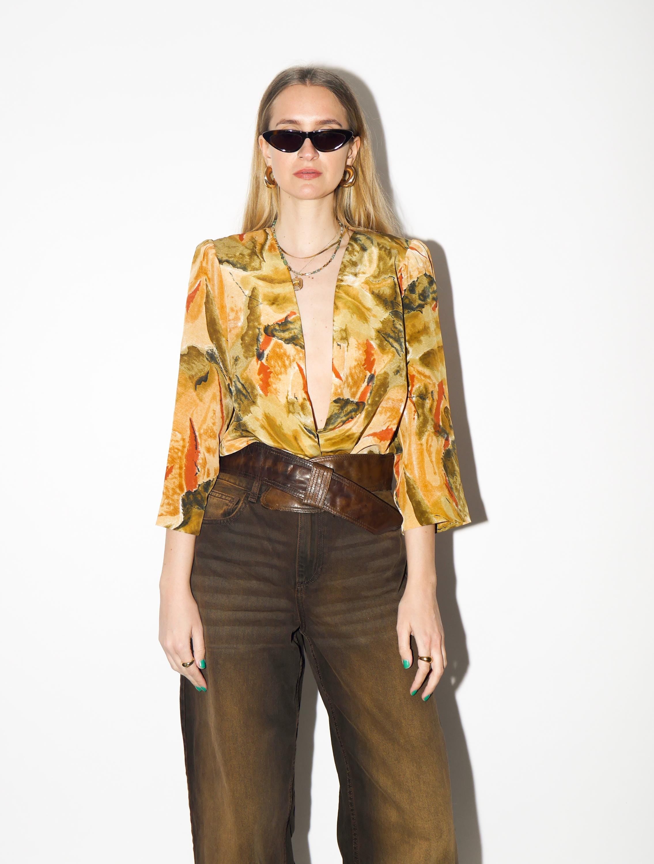VINTAGE Yellow Abstract Blouse from 1980s | Open Front Flowy Orange Blouse