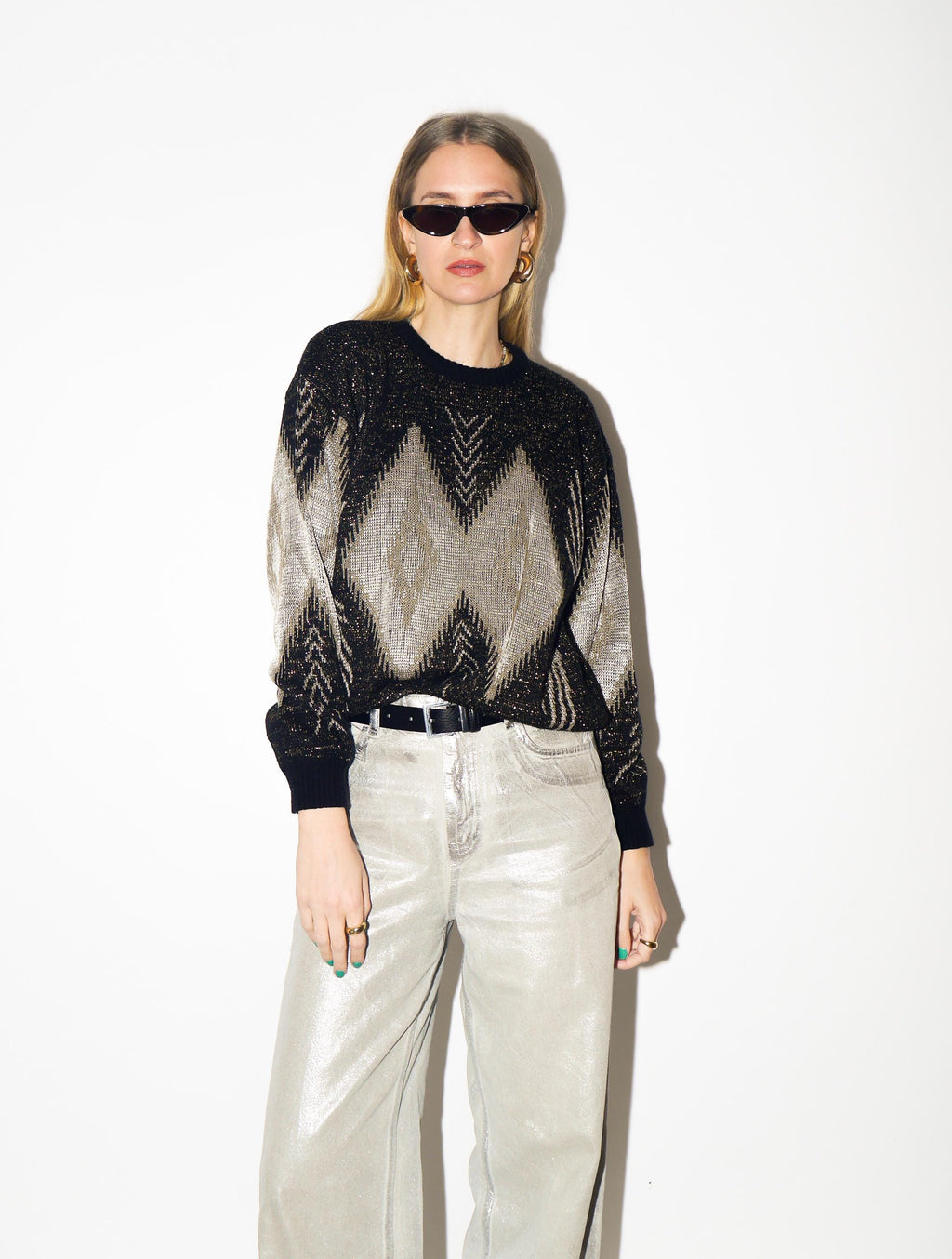 VINTAGE Black Metallic Cotton Sweater from 1980s | Gold & Silver Pullover