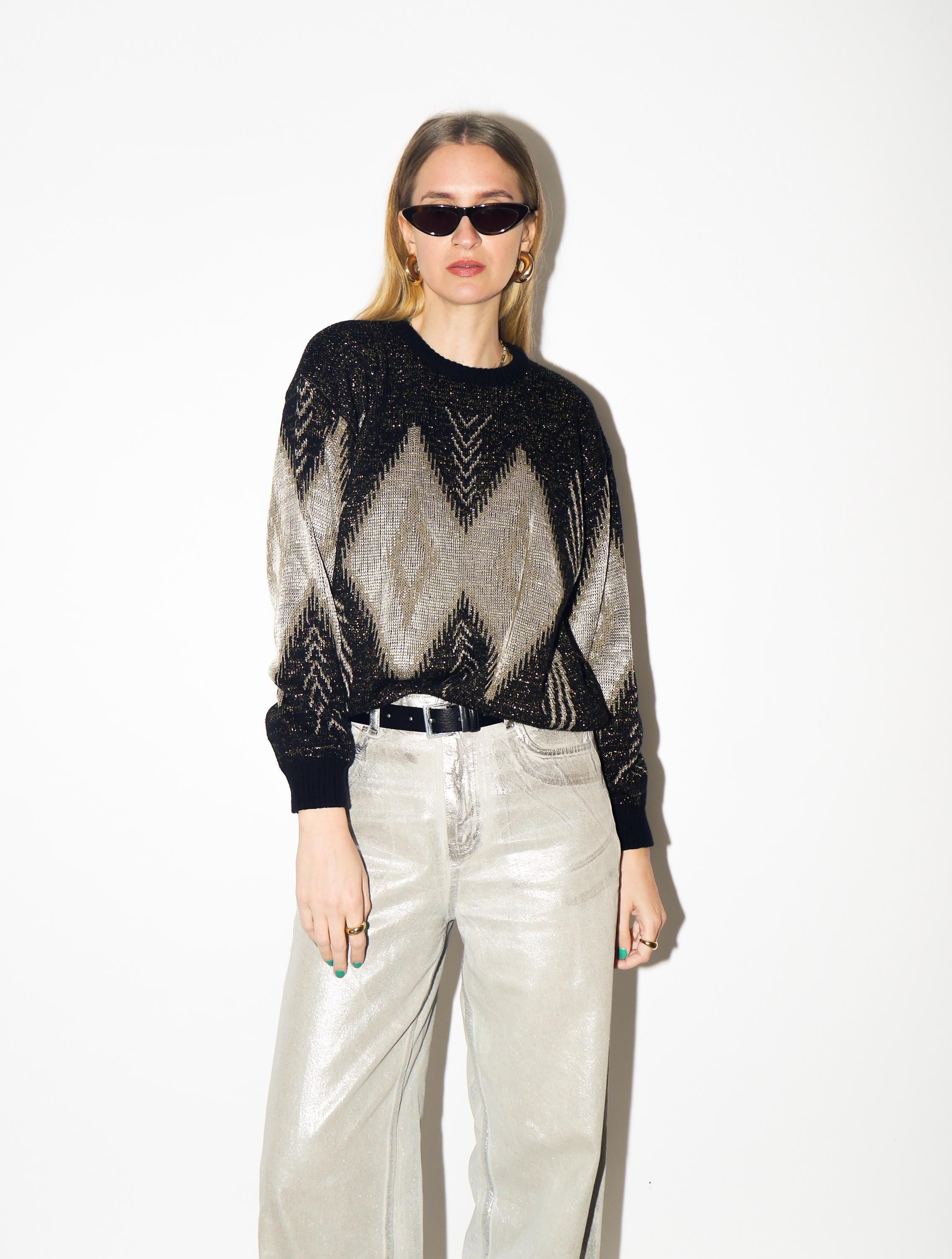 VINTAGE Black Metallic Cotton Sweater from 1980s | Gold & Silver Pullover