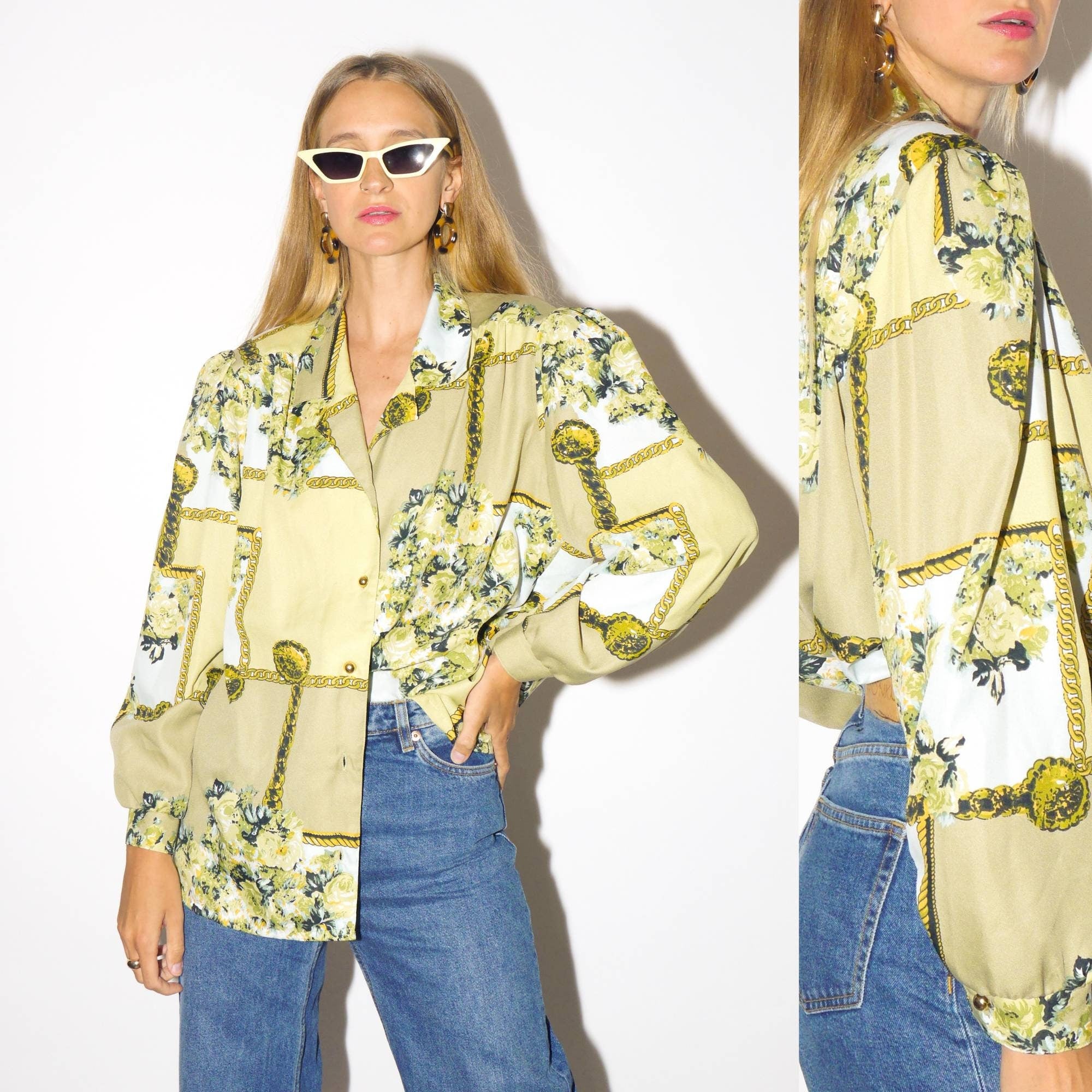 VINTAGE shirt from 1980s in green with chain and floral pattern | feminine soft retro blouse | oversize retro blouse from XS to XL | modopol