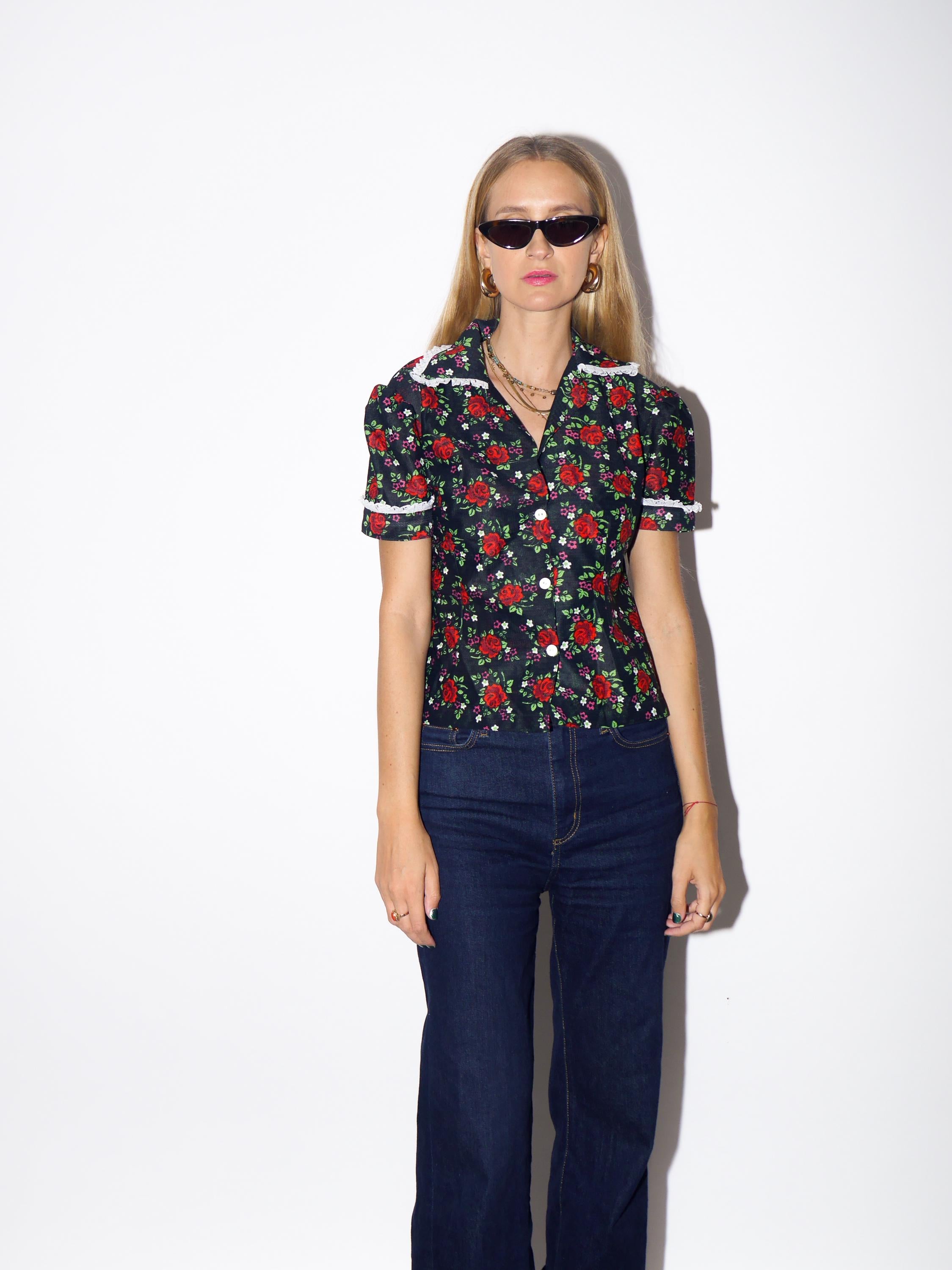 1980s Black Handmade Shirt - Vintage Rose Pattern Shirt with White Lace and Buffet Sleeves, Retro Fashion Clothing for Women