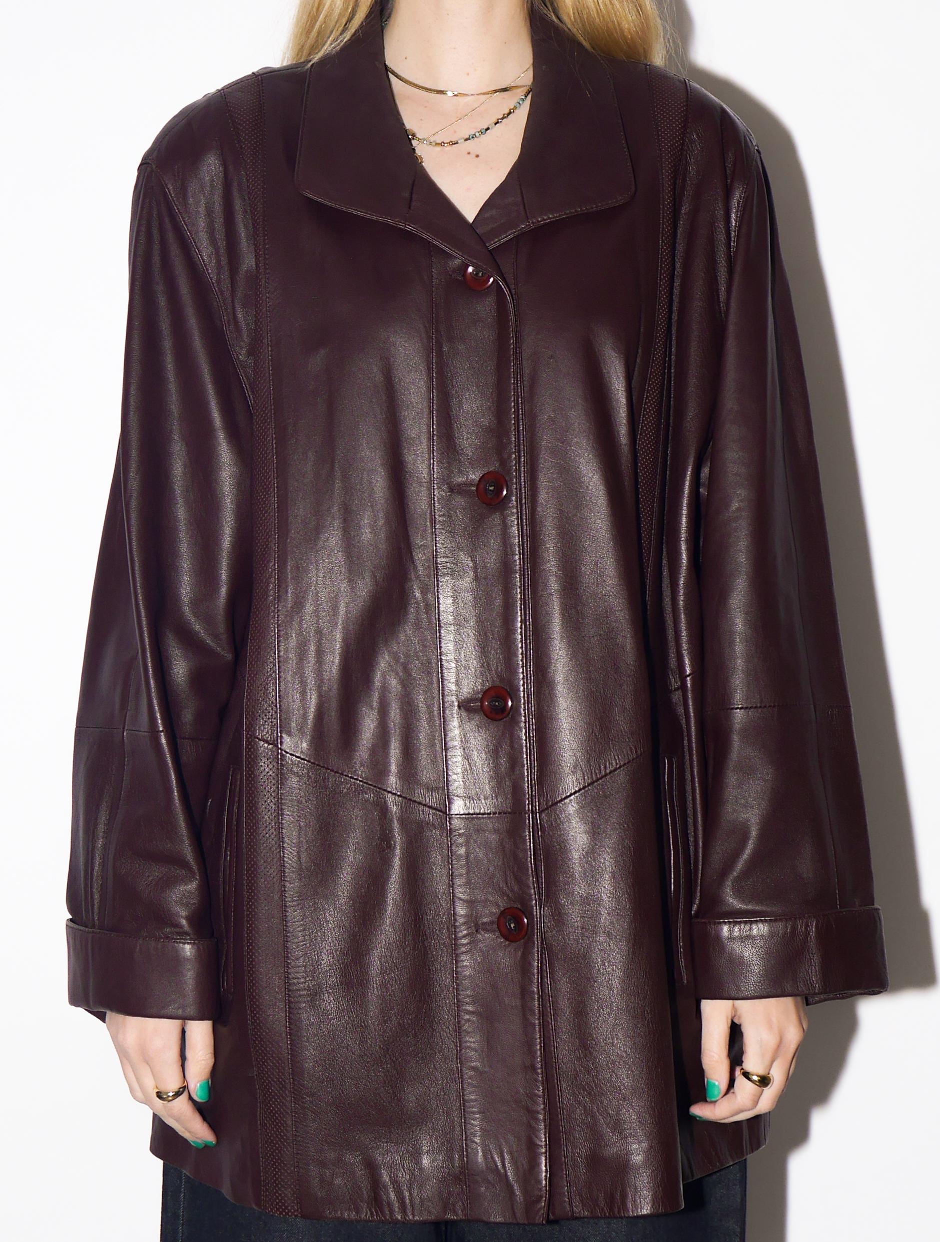 VINTAGE Burgundy Leather Jacket from 1990s | Dark Red Oversize Leather Jacket