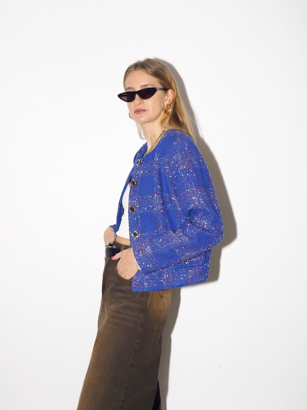 VINTAGE tweed blazer in cobalt blue, short blazer from 1980s by Catherine®