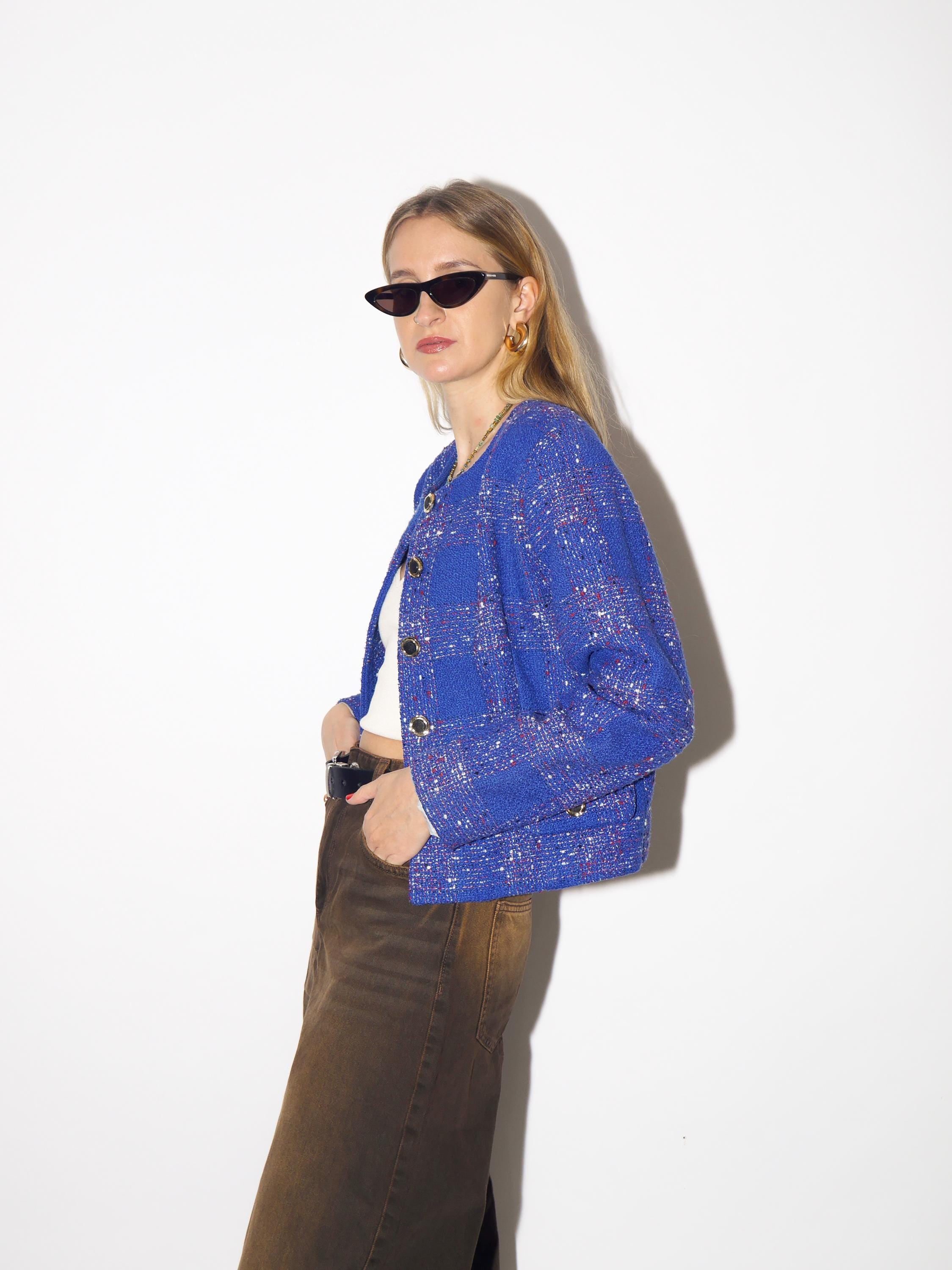 VINTAGE tweed blazer in cobalt blue, short blazer from 1980s by Catherine®