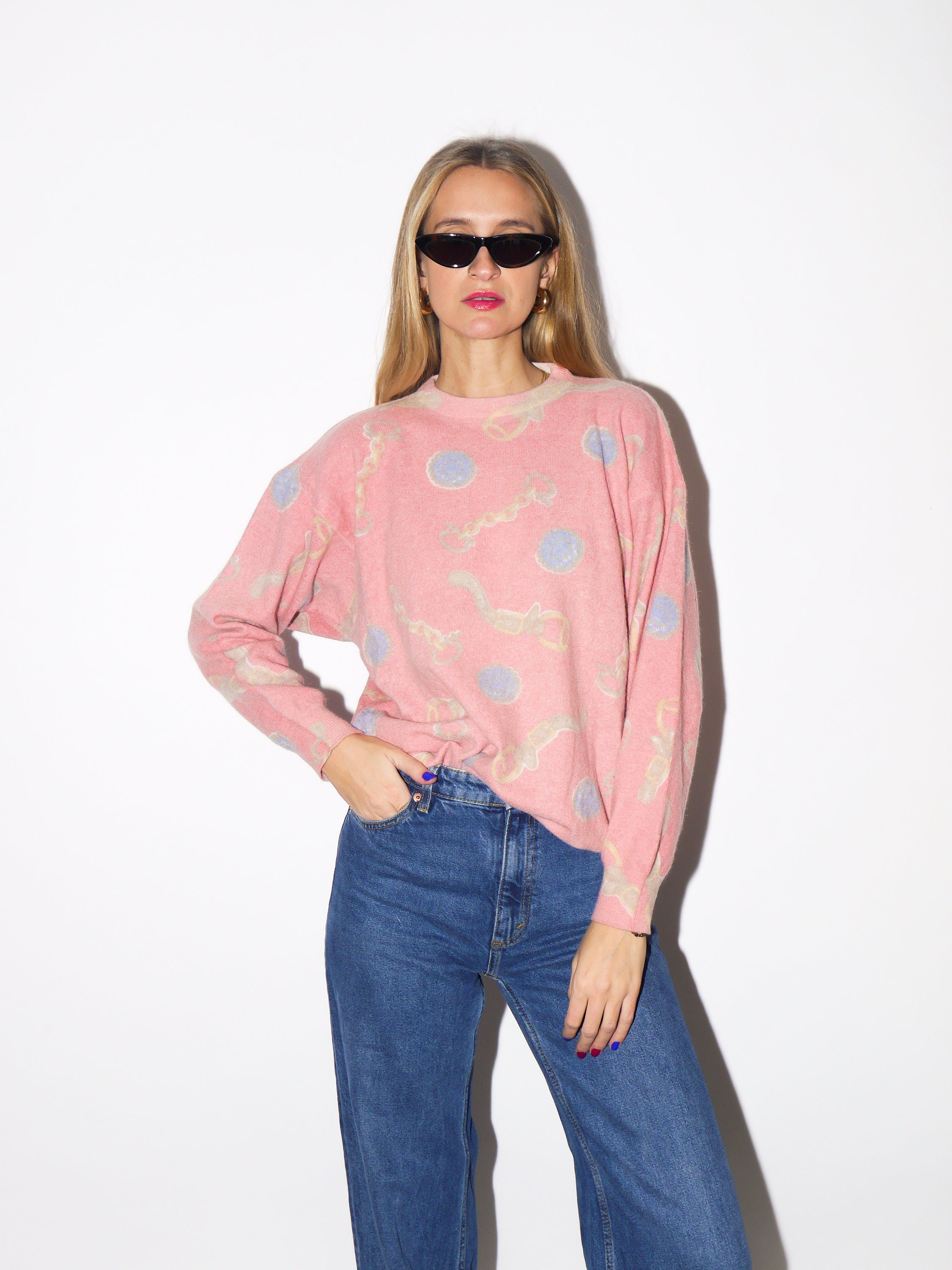 VINTAGE angora and wool sweater 1980s by Tivoli | cotton candy pink color with luxury chain pattern | oversize premium vintage sweater