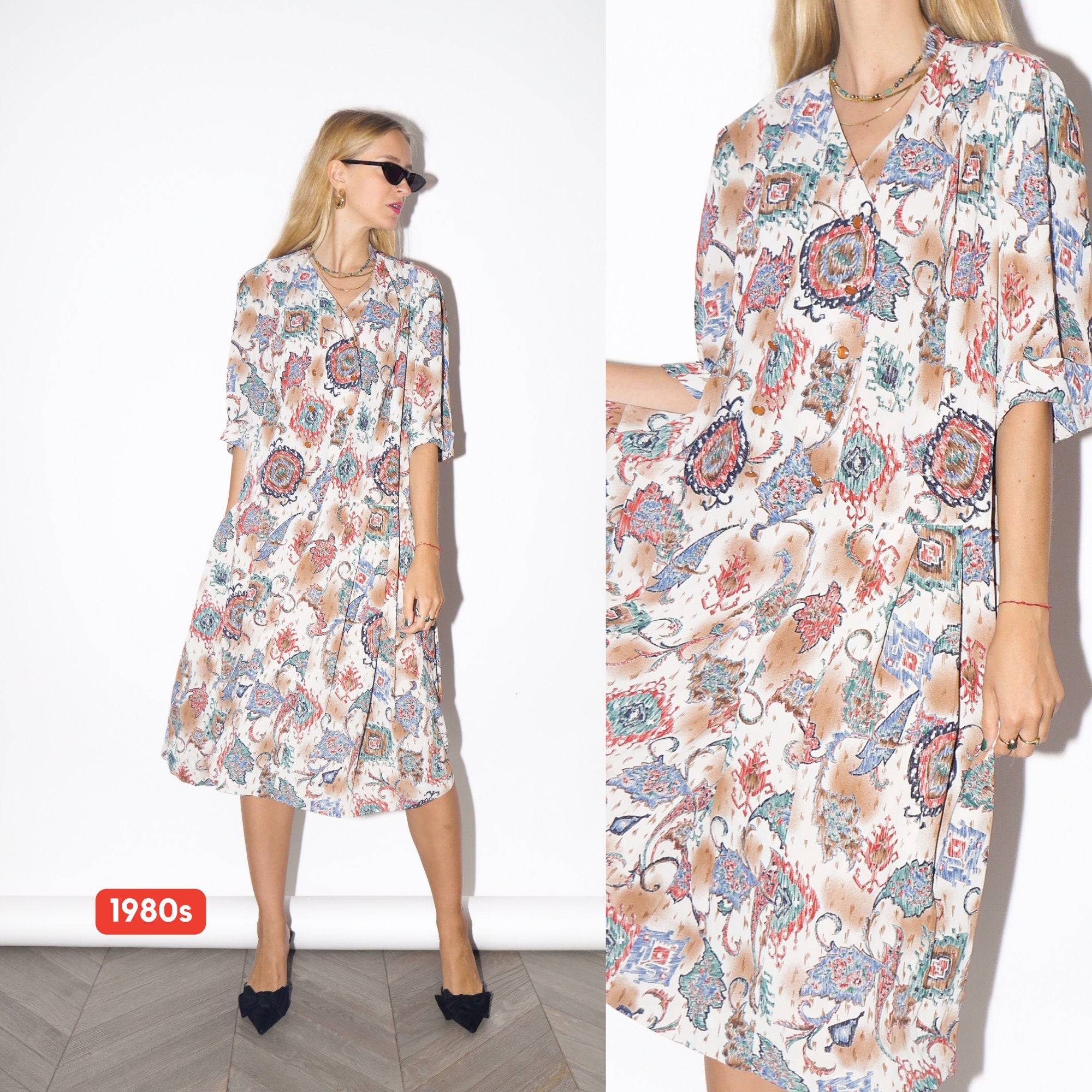 VINTAGE nude/ecru abstract patterned double-breasted oversize dress from 1980 | midi nude patterned dress with decorative buttons