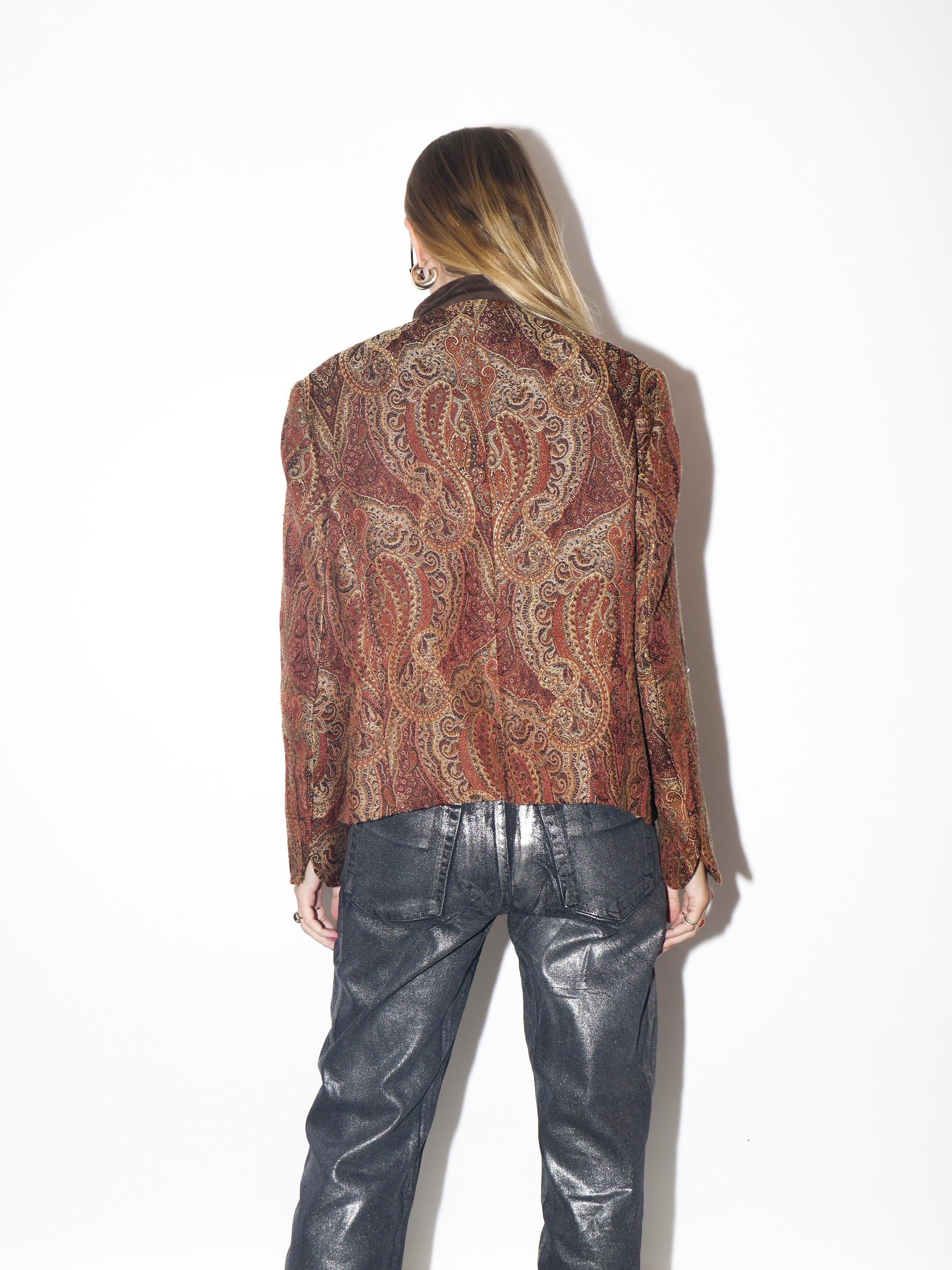 VINTAGE Viscose Bronze Brown Burgundy Oversized Jacquard Blazer With Velvet Collar And Metal Buttons From The 1980s