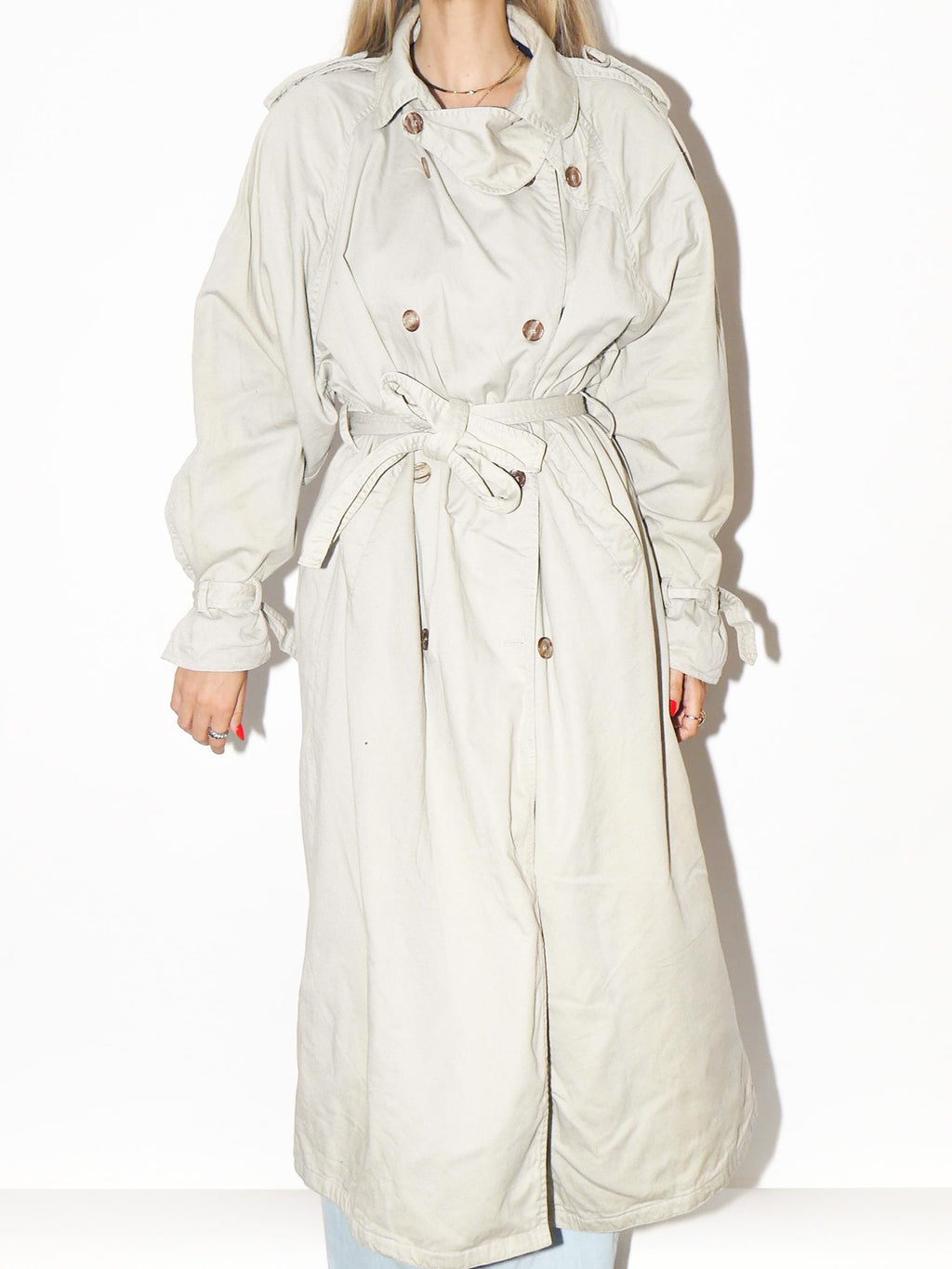 VINTAGE Beige Cotton Maxi Trench Coat With Belt And Printed Lining From The 1980s