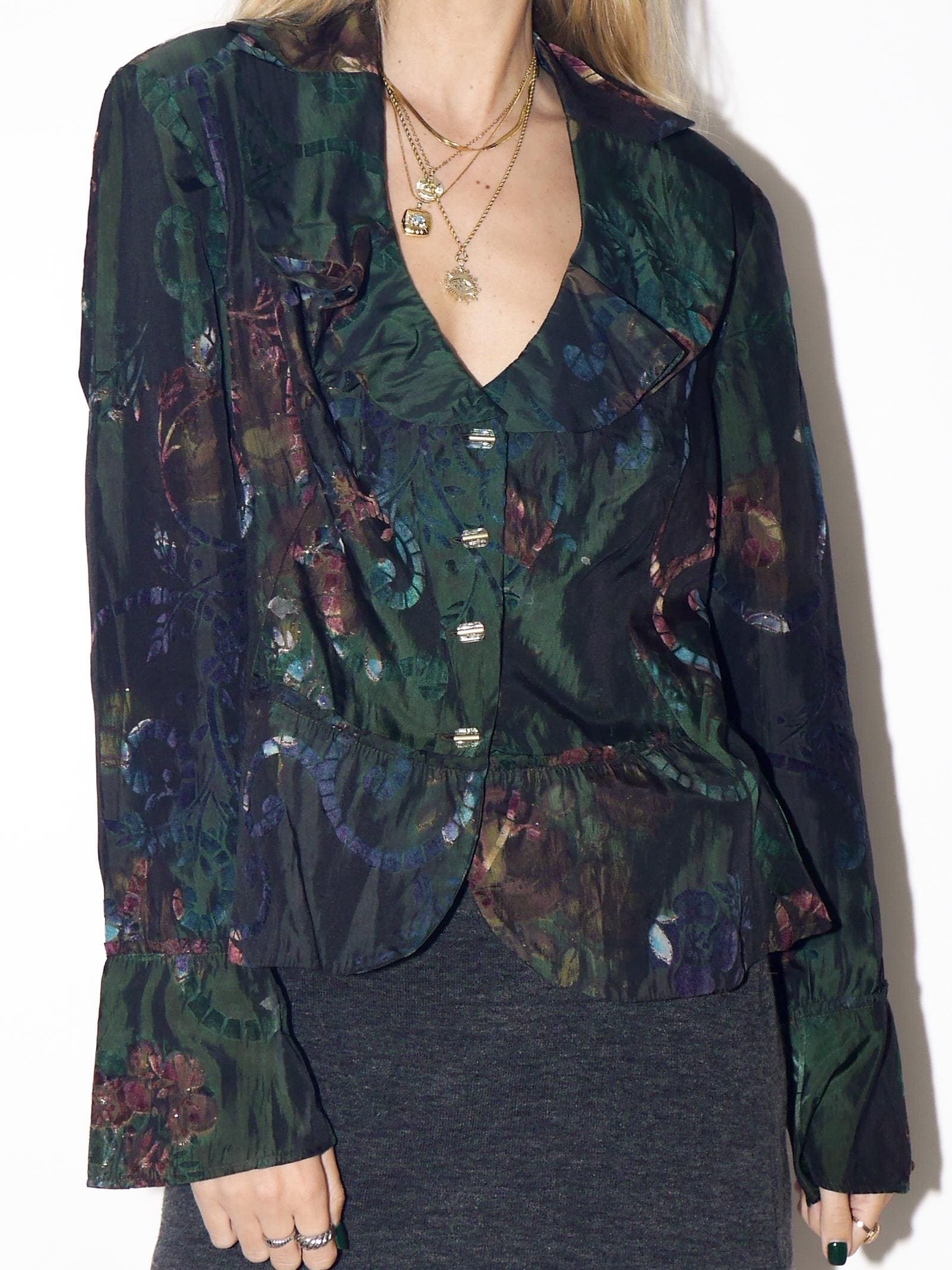 VINTAGE Bottle Green Shiny Floral Blouse From The 1980s By Duet Woman