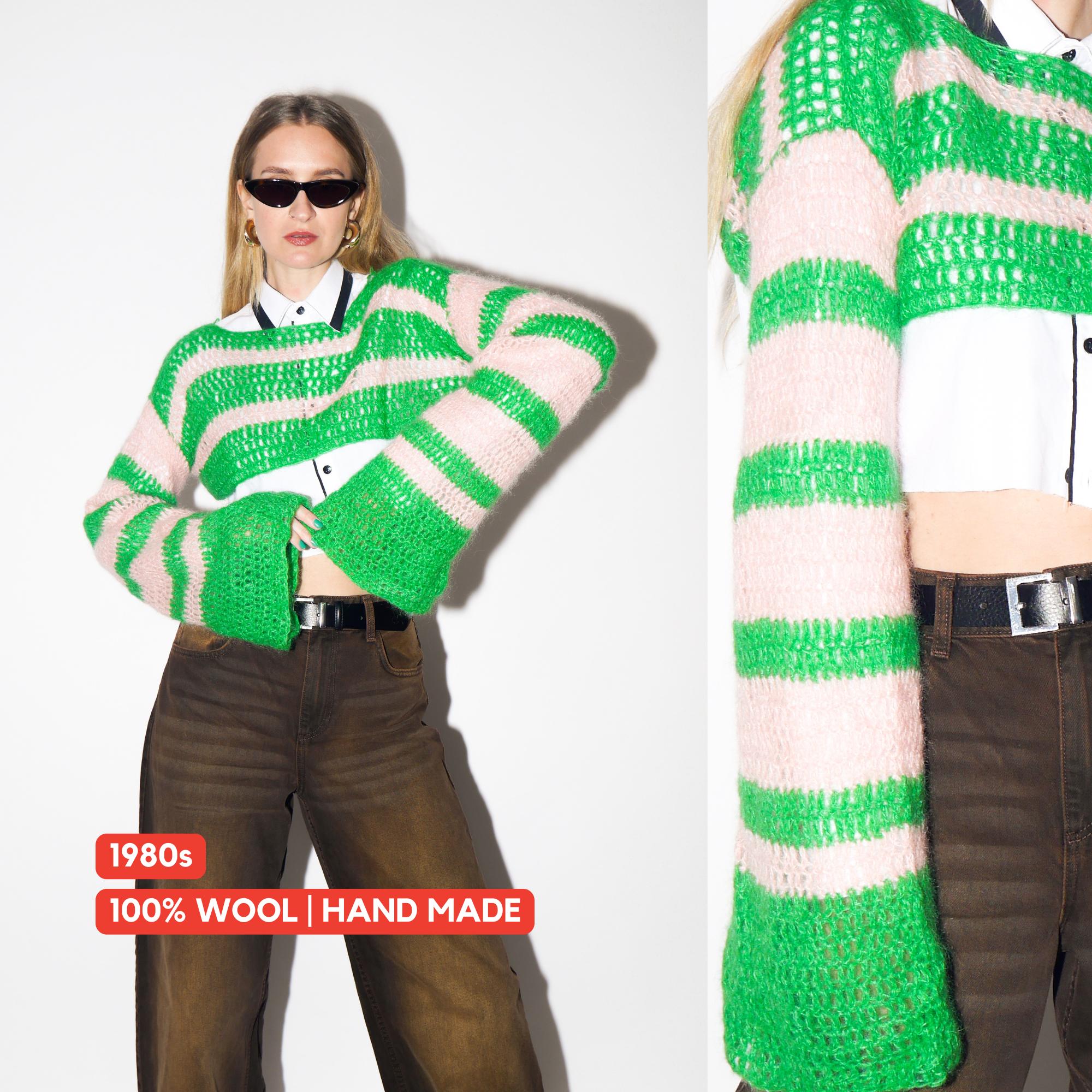 VINTAGE Pink & Green Hand Knitted Wool Cropped Sweater from 1980s