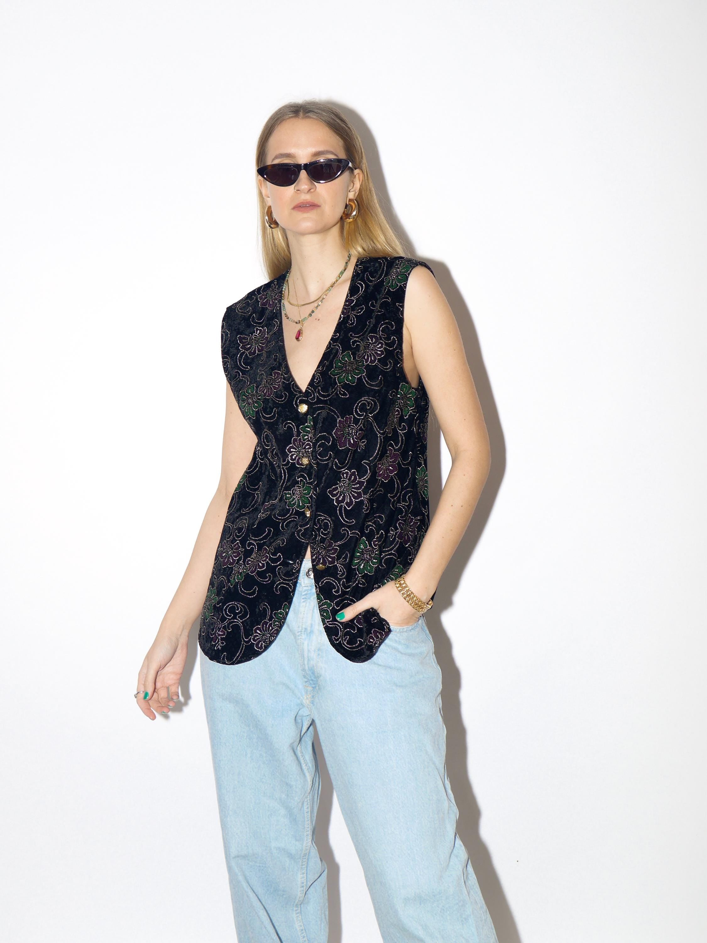 VINTAGE black velvet vest from 1980s in gold floral embroidery from acetate