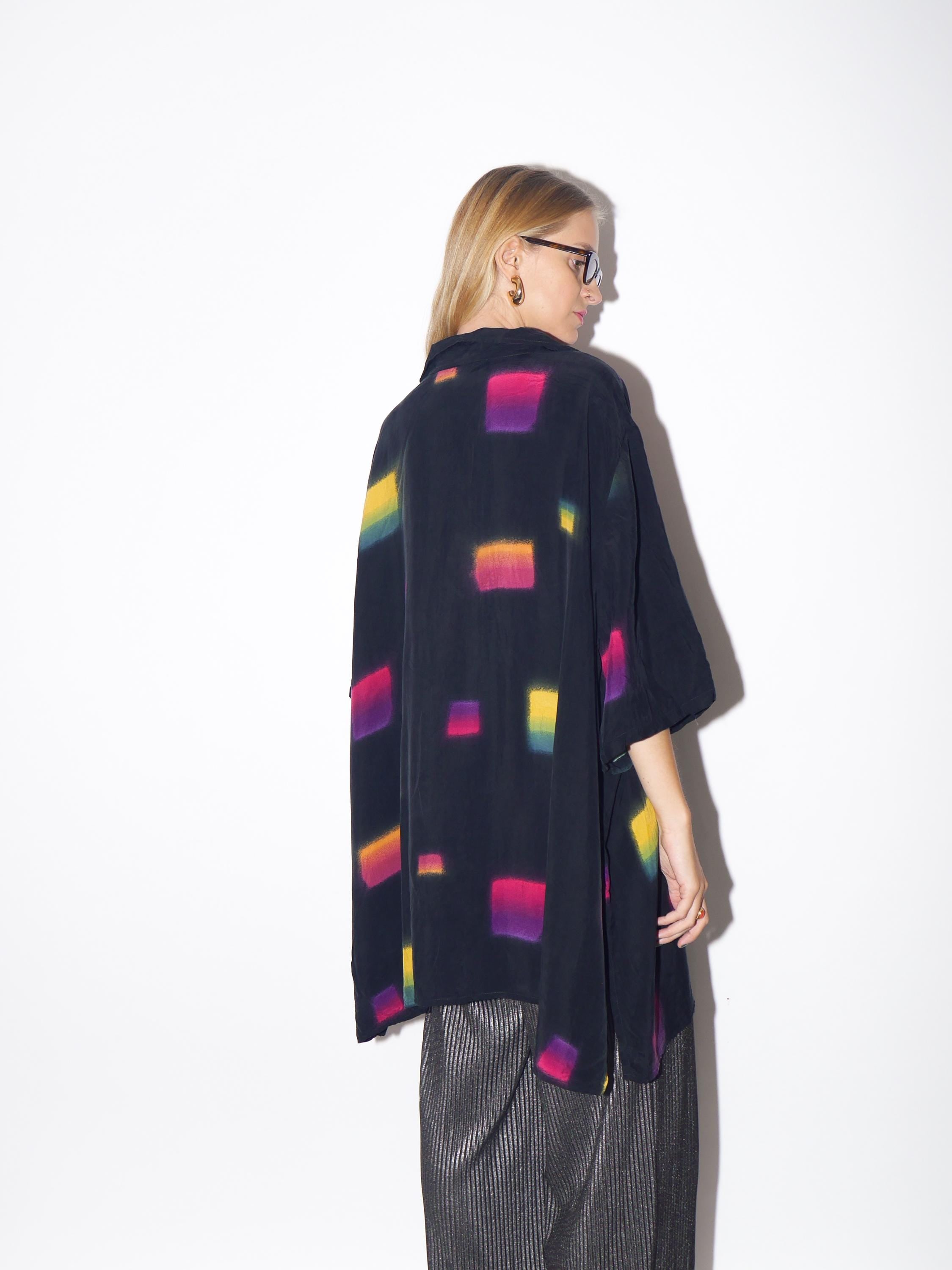 1980s Black Cupro Viscose Oversize Shirt - Vintage Buttoned Shirt with Painted Squares by Ulla Popleen, Retro Fashion Clothing for Women