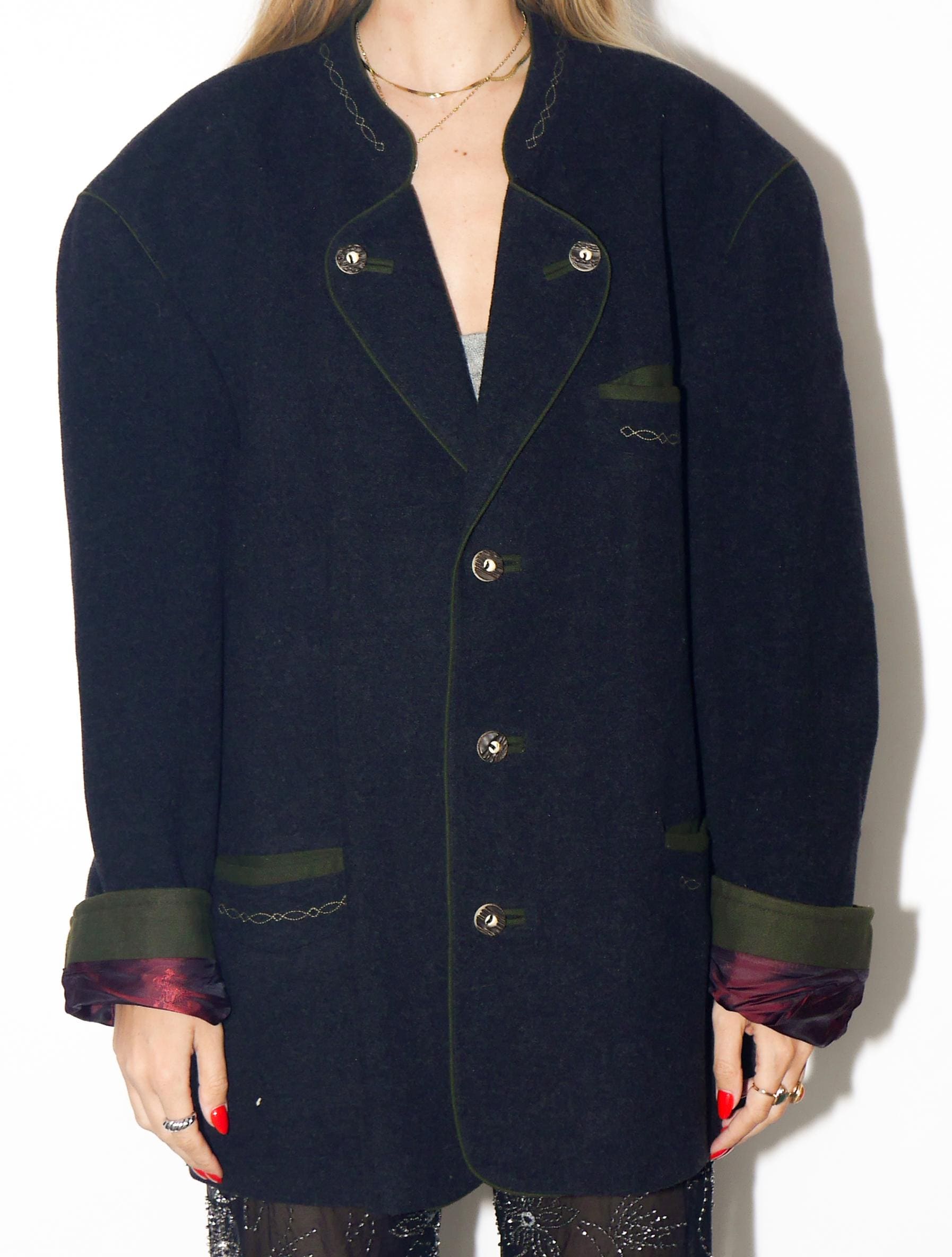 VINTAGE Dark Grey Cashmere Blend Folk Blazer With Green Embroidery From The 1980s