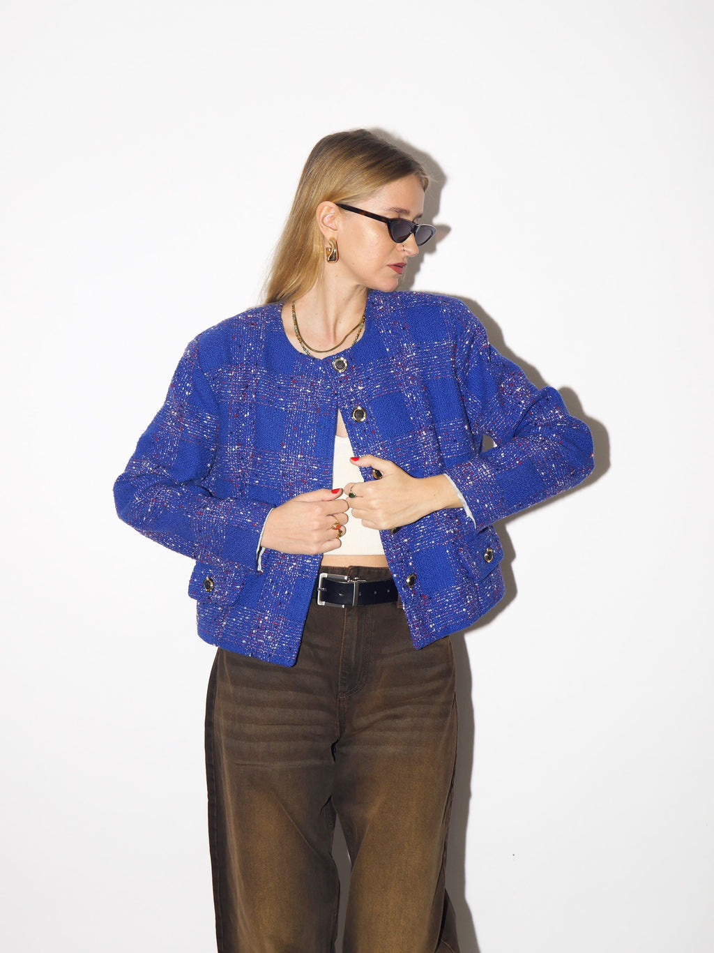 VINTAGE tweed blazer in cobalt blue, short blazer from 1980s by Catherine®