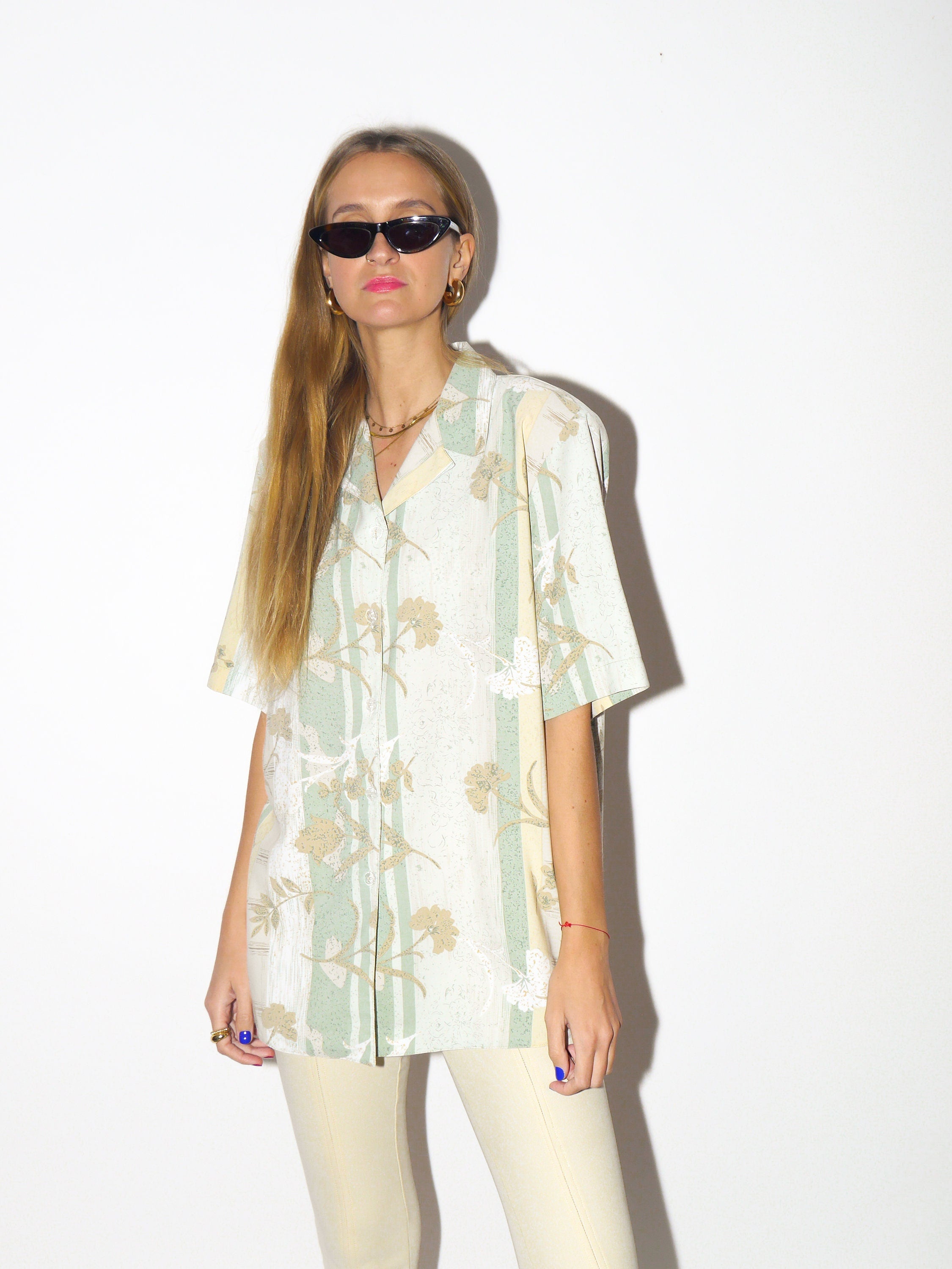 VINTAGE short sleeve shirt 1980s | shirt with shoulder pads in green and beige pattern | retro oversize unisex shirt