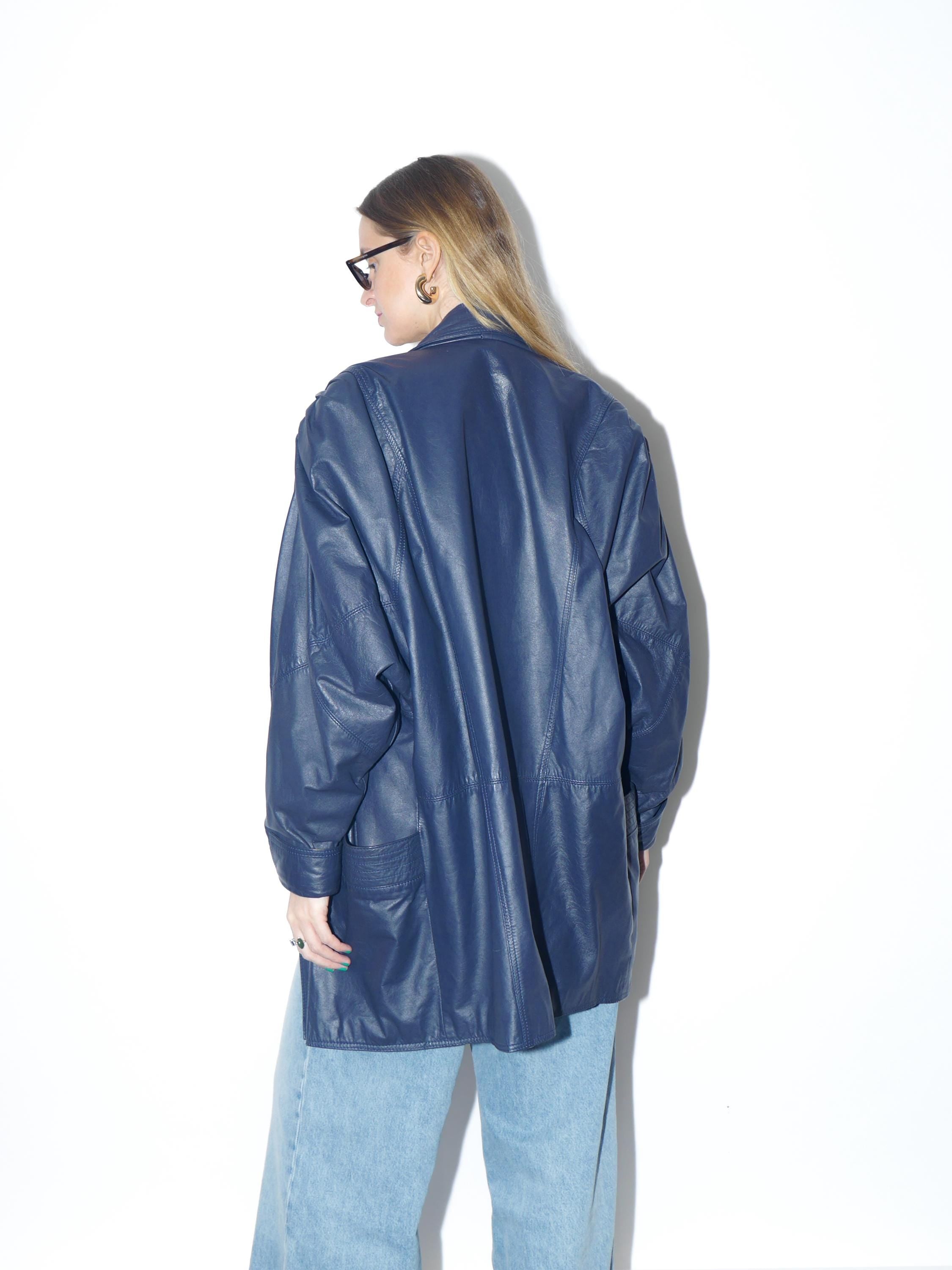 VINTAGE navy blue leather jacket from the 1980s by Renoma® in oversize fit