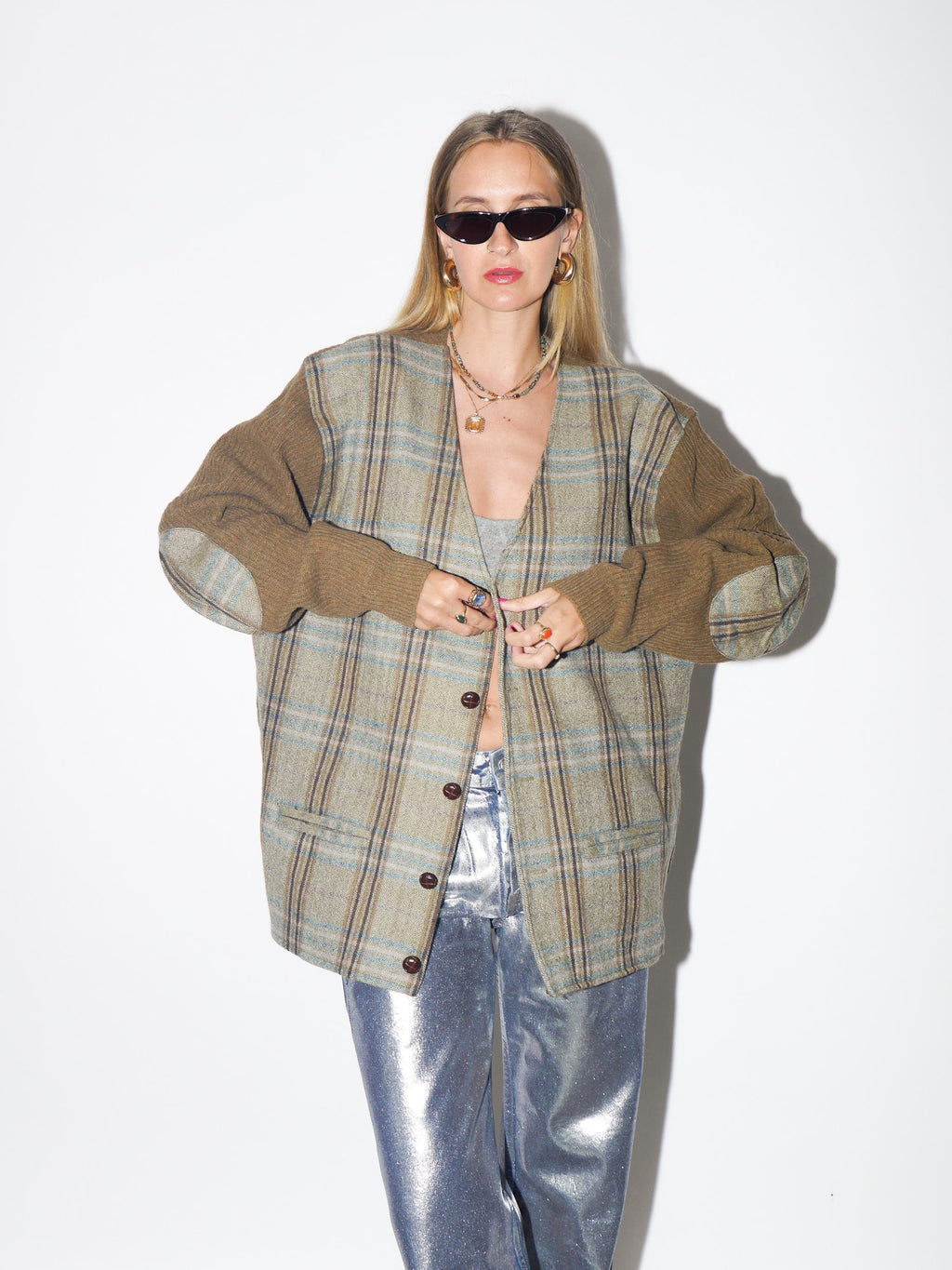 VINTAGE 100% Lambswool Cardigan Blazer With Elbow Patches And Herringbone Front From The 1990s By North Creek Sportswear