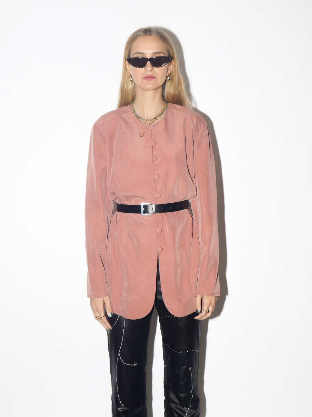 VINTAGE dusty pink Viscose blouse from 1980s with long fit & round neckline