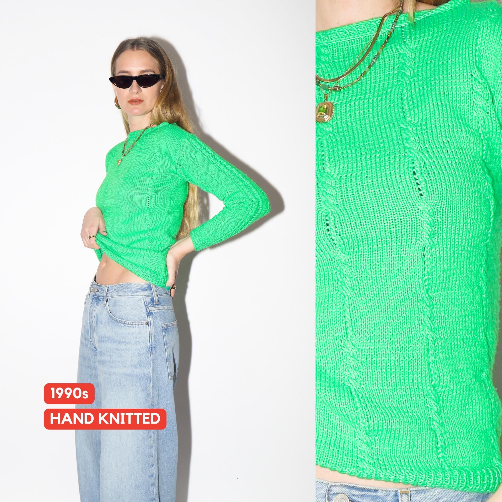 VINTAGE Neon Green Hand Knitted Sweater from 1990s |  Handmade Sweater
