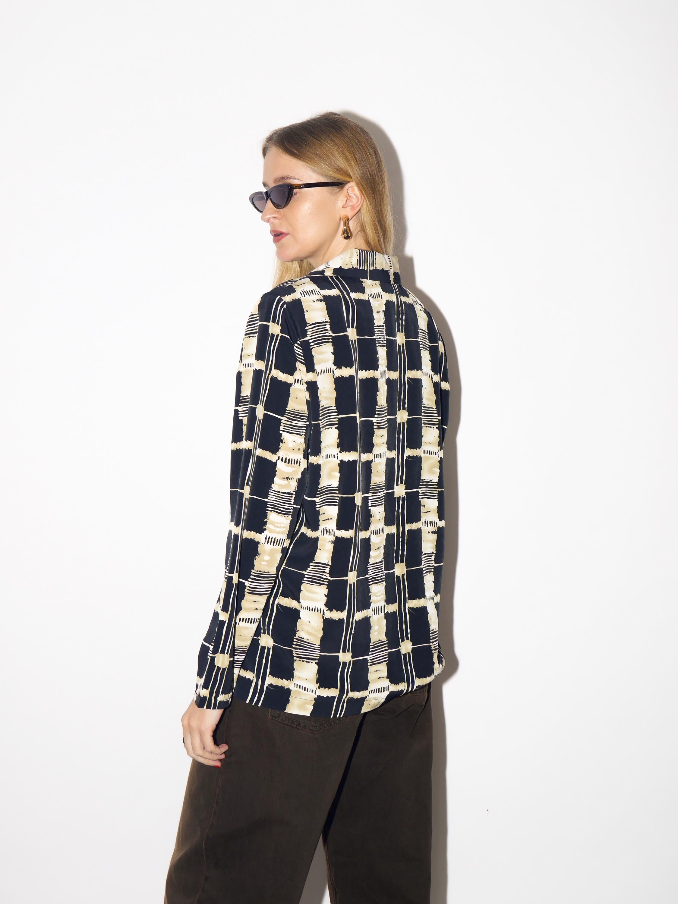 VINTAGE blazer in black and beige geometric print with shoulder pads from 1980s