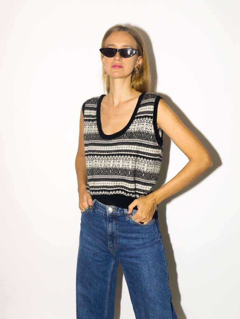 VINTAGE wool, silk & cashmere vest | pullover vest in black and white sweater pattern | oversize | knitted vest | cashmere vest | modopol
