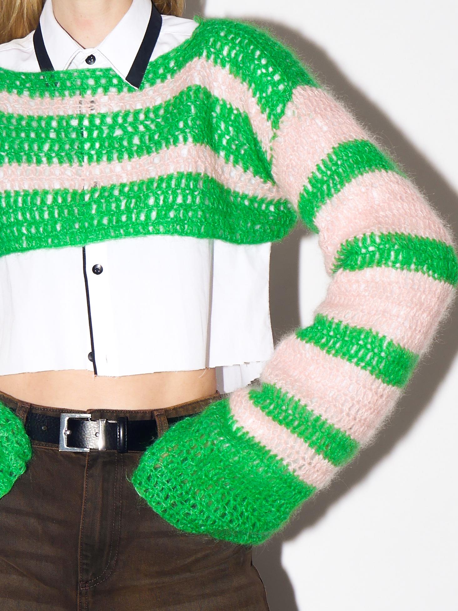 VINTAGE Pink & Green Hand Knitted Wool Cropped Sweater from 1980s