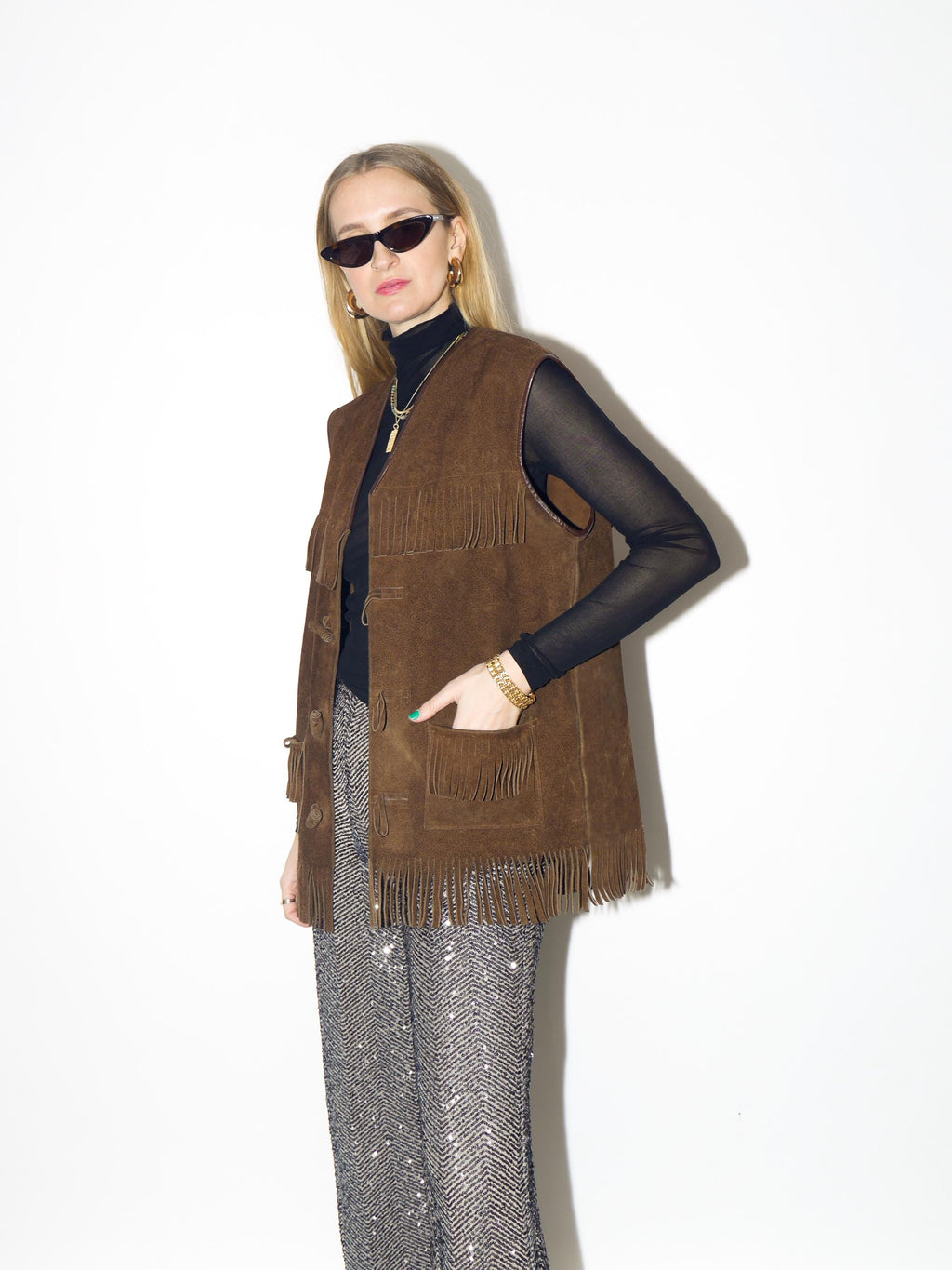 VINTAGE brown suede vest from 1980s | oversize vintage fringe suede waistcoat