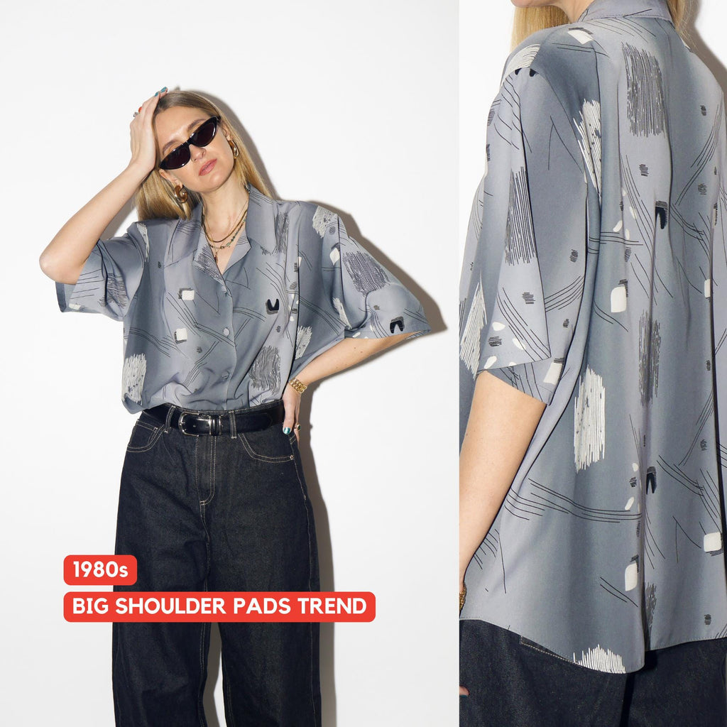 VINTAGE grey short sleeve shirt from 1980s with big shoulder pads