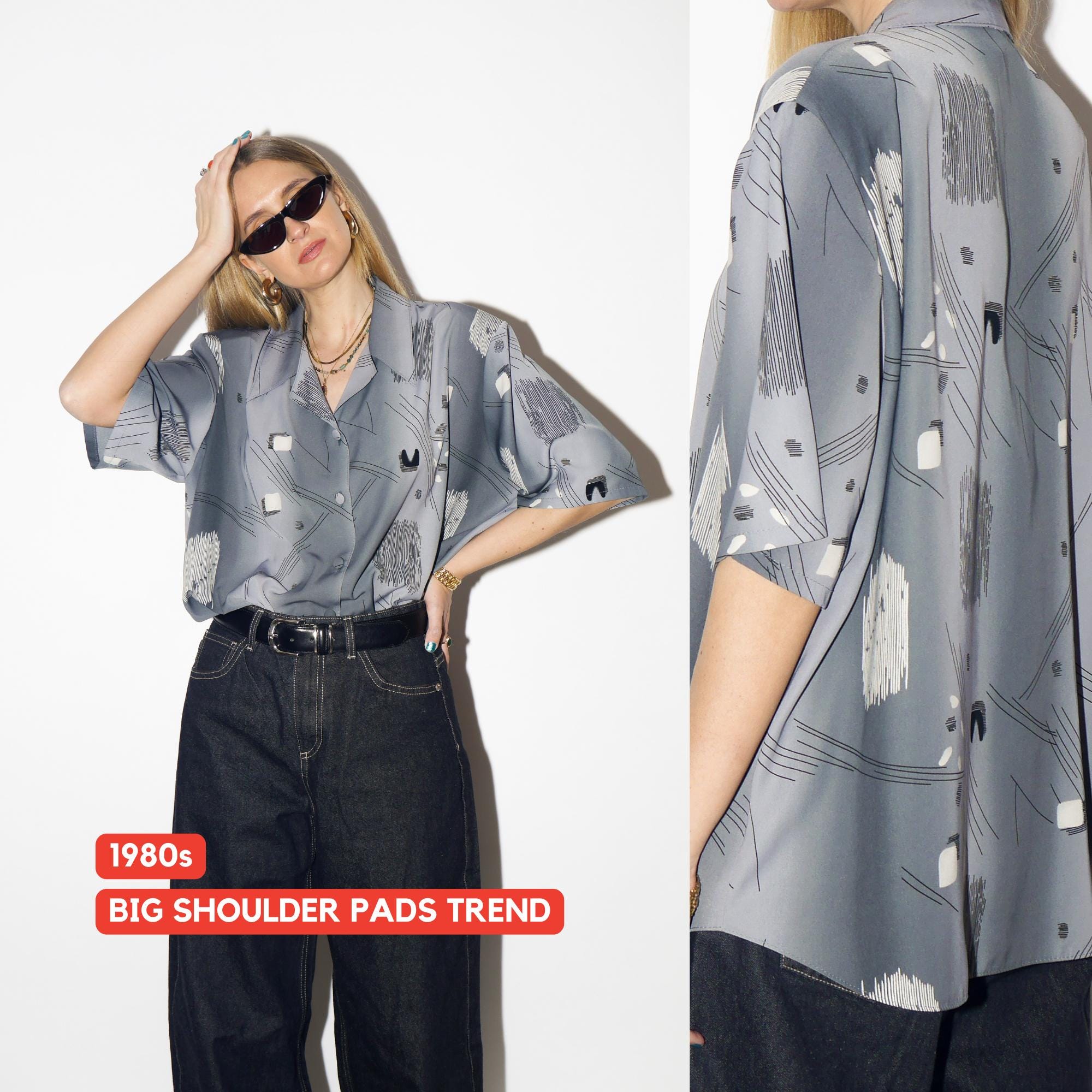 VINTAGE grey short sleeve shirt from 1980s with big shoulder pads