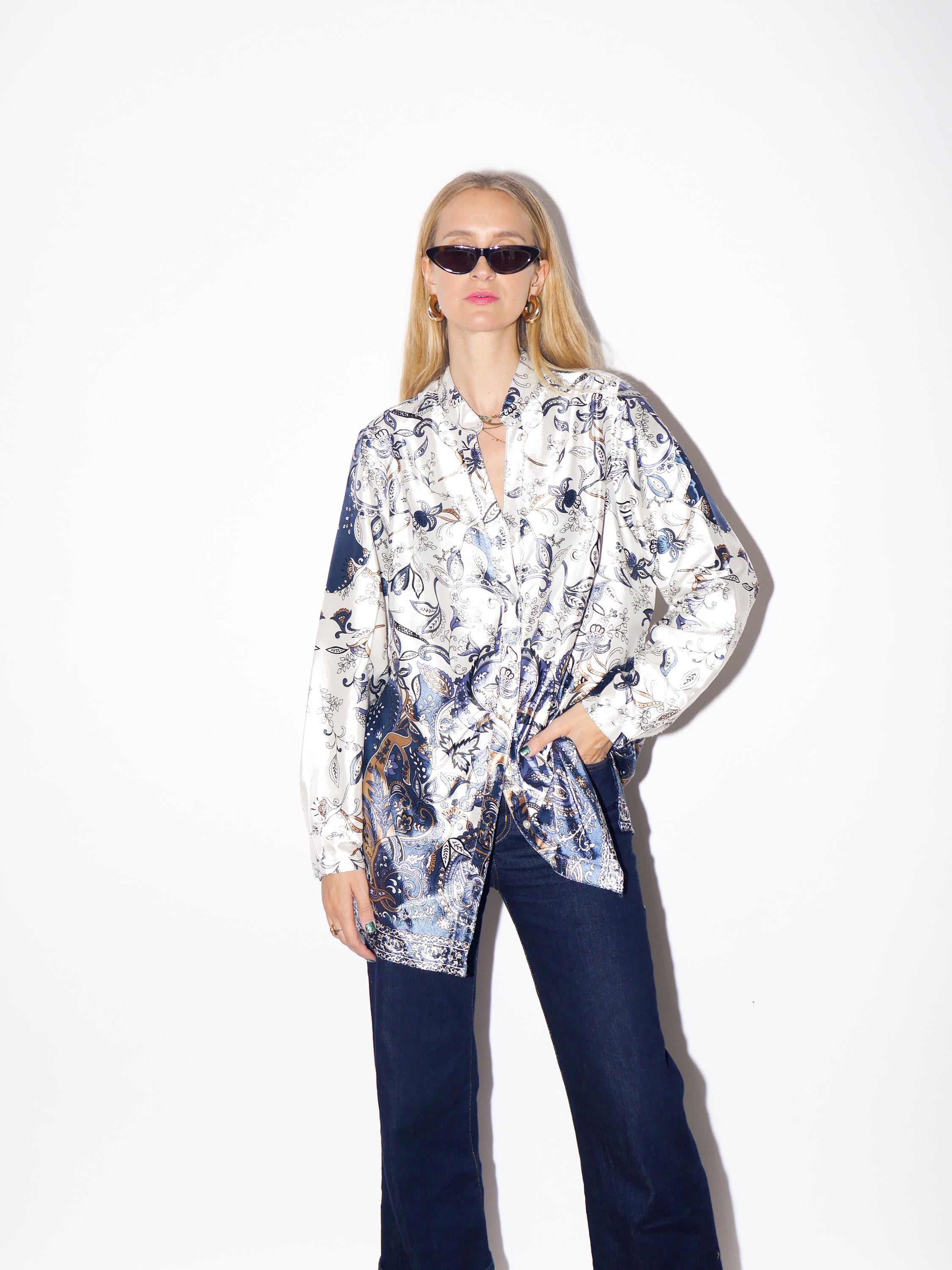 1980s Retro Patterned Pyjama Shirt - Vintage Long Sleeved Shiny Shirt, Oversize Fit Pajamacore Shirt, Retro Fashion Clothing for Women