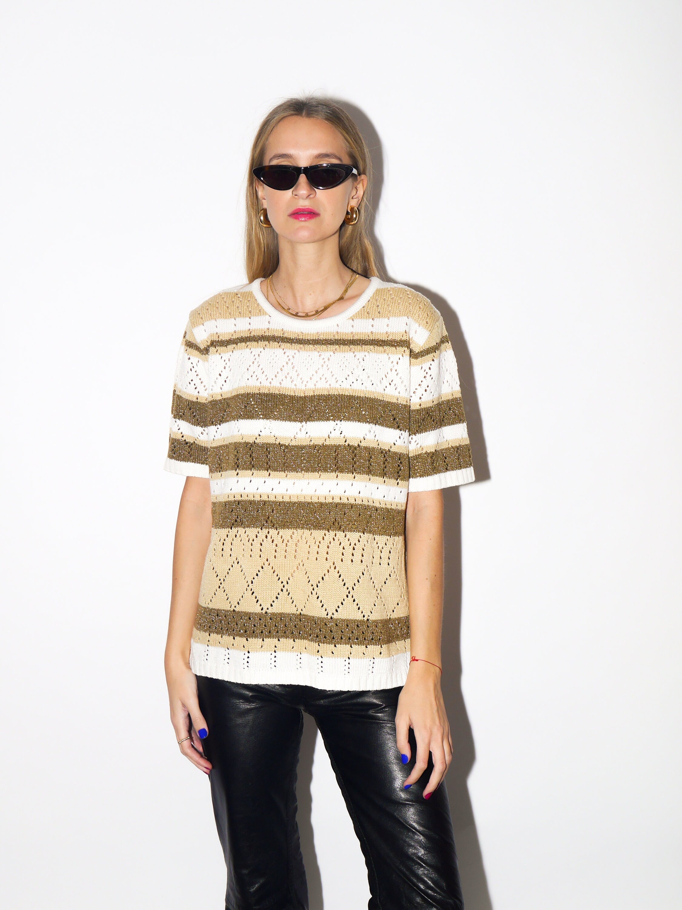 VINTAGE metallic sweater 1990s | short sleeve oversized cream and beige sweater | metallic thread stylish sweater | pullover with stripes